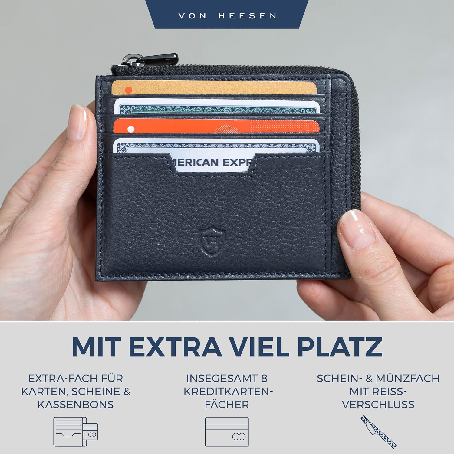 Detalle de VON HEESEN Leder Kartenetui Geldbörse – Medium, Dunkelblau