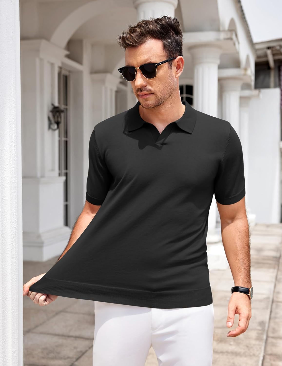 Detalle 2 de COOFANDY Men's V Neck Short Sleeve Stretch Knit Polo Shirt