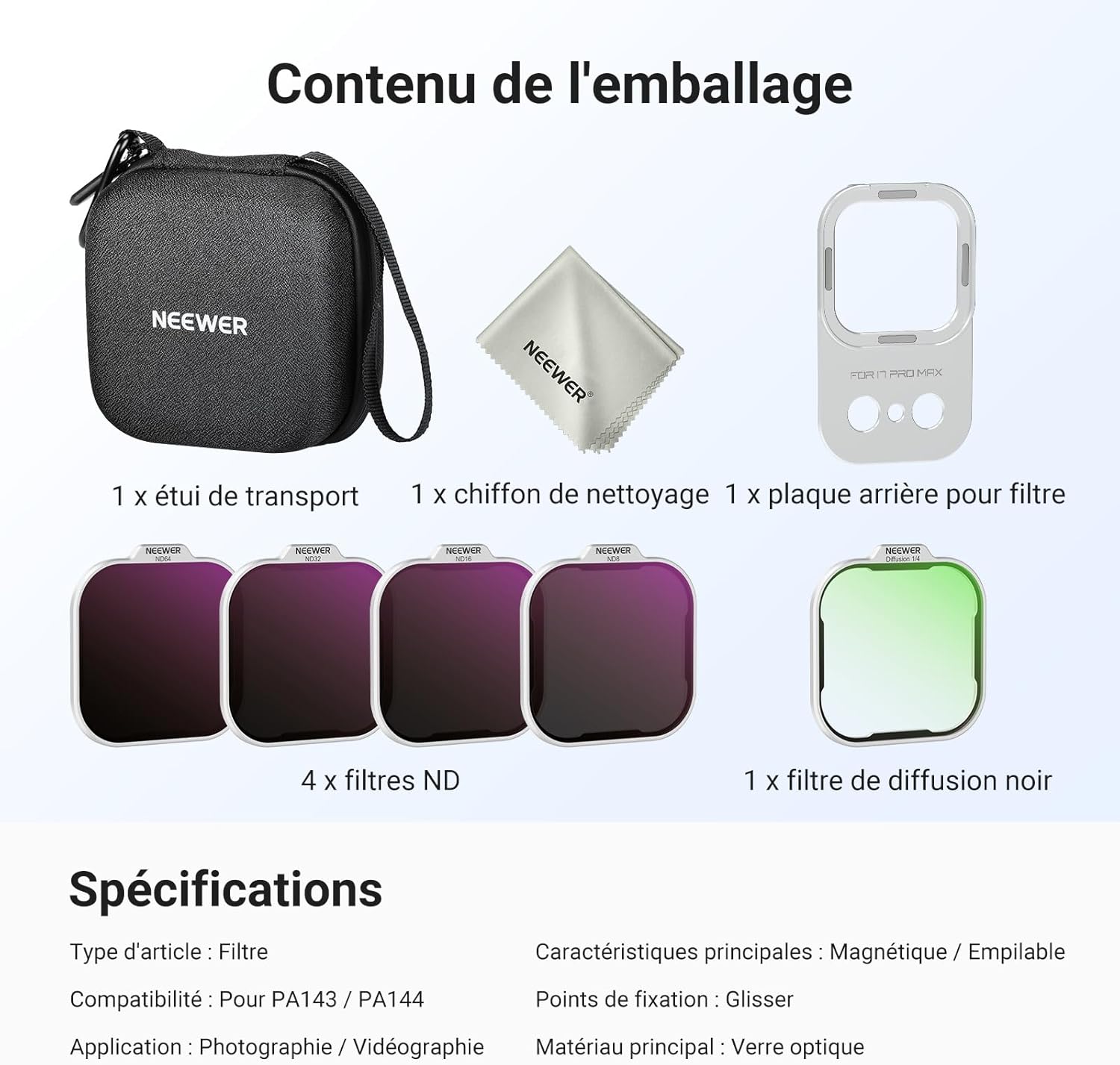 Thumbnail 6 de NEEWER Kit de filtres ND pour coque de téléphone PA134 (compatible iPhone 17 Pro Max) : ND8/16/32/64 + diffuseur 1/4