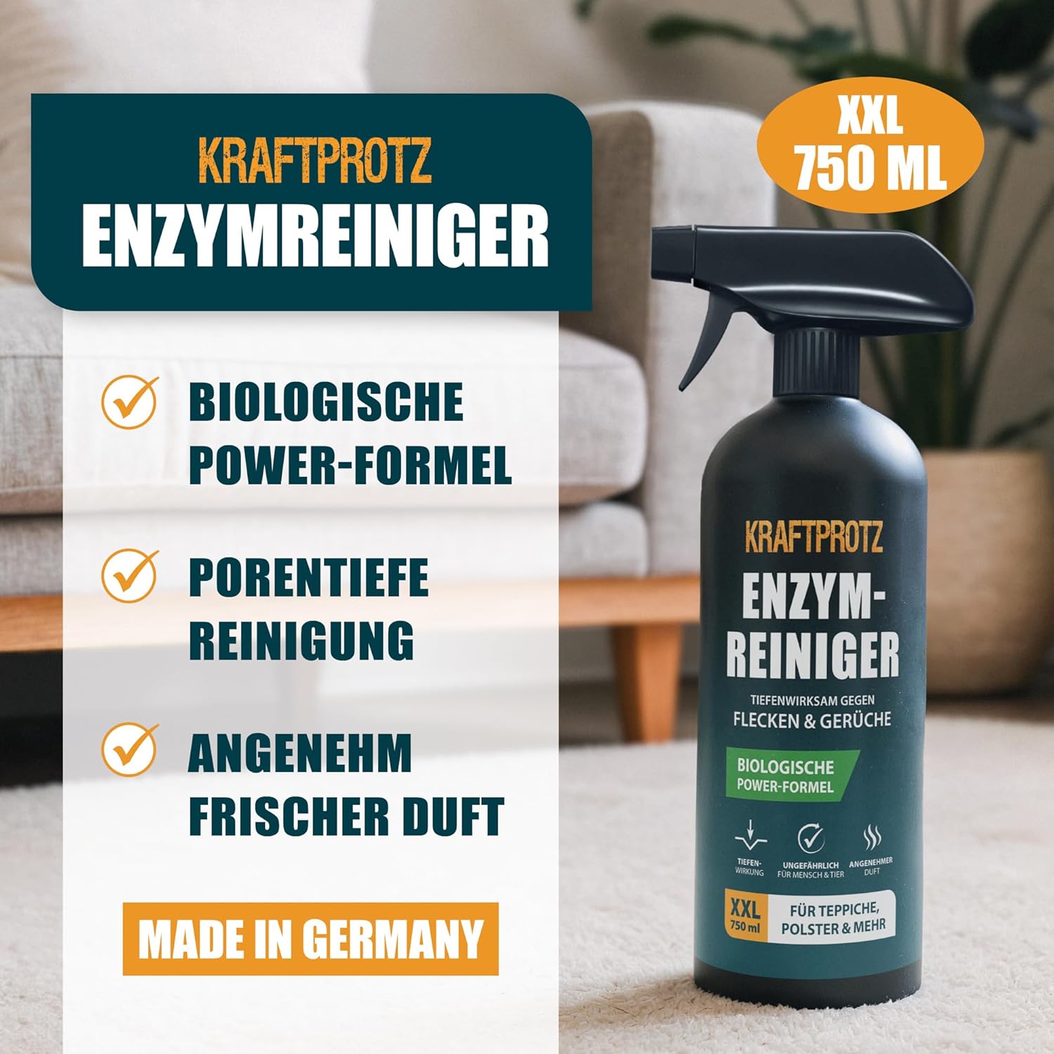 Detalle de KRAFTPROTZ Enzymreiniger 750 ml – Geruchsentferner für Textilien