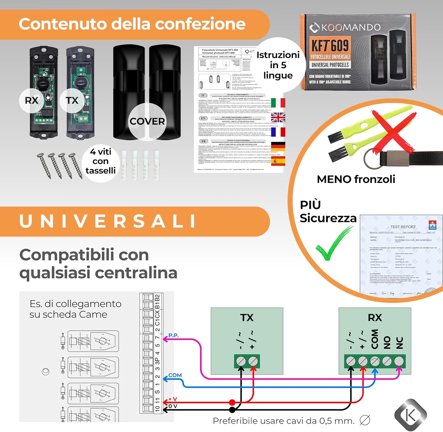 Thumbnail 2 de Fotocellule universali KFT609 di koomando per cancello/garage – 12V/24V AC/DC, rotazione 180°, doppi LED, blocco di sicurezza, IP55