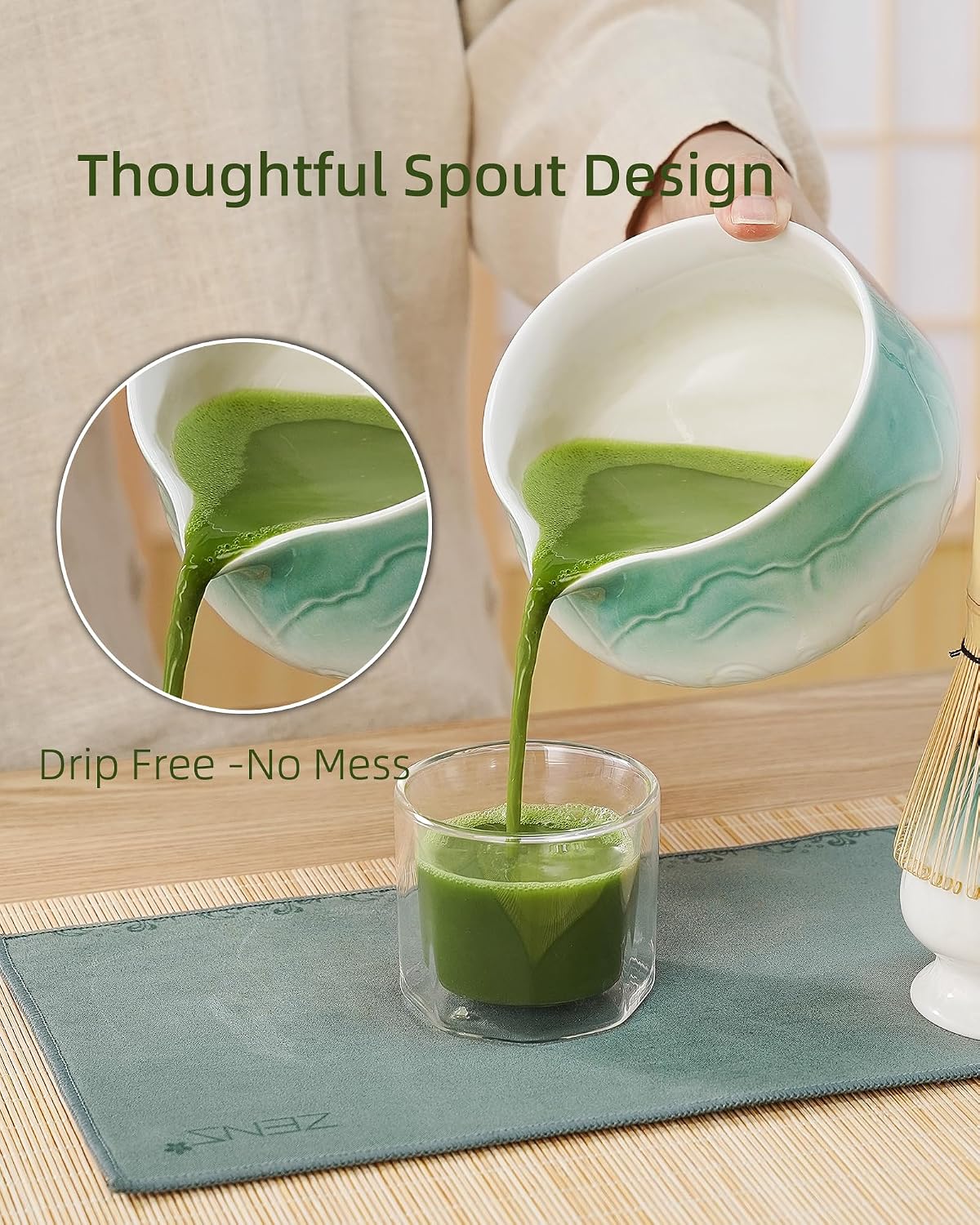 Detalle de ZENS Matcha Tea Set (6pcs) with Bamboo Whisk, Ceramic Bowl & Accessories in Blue