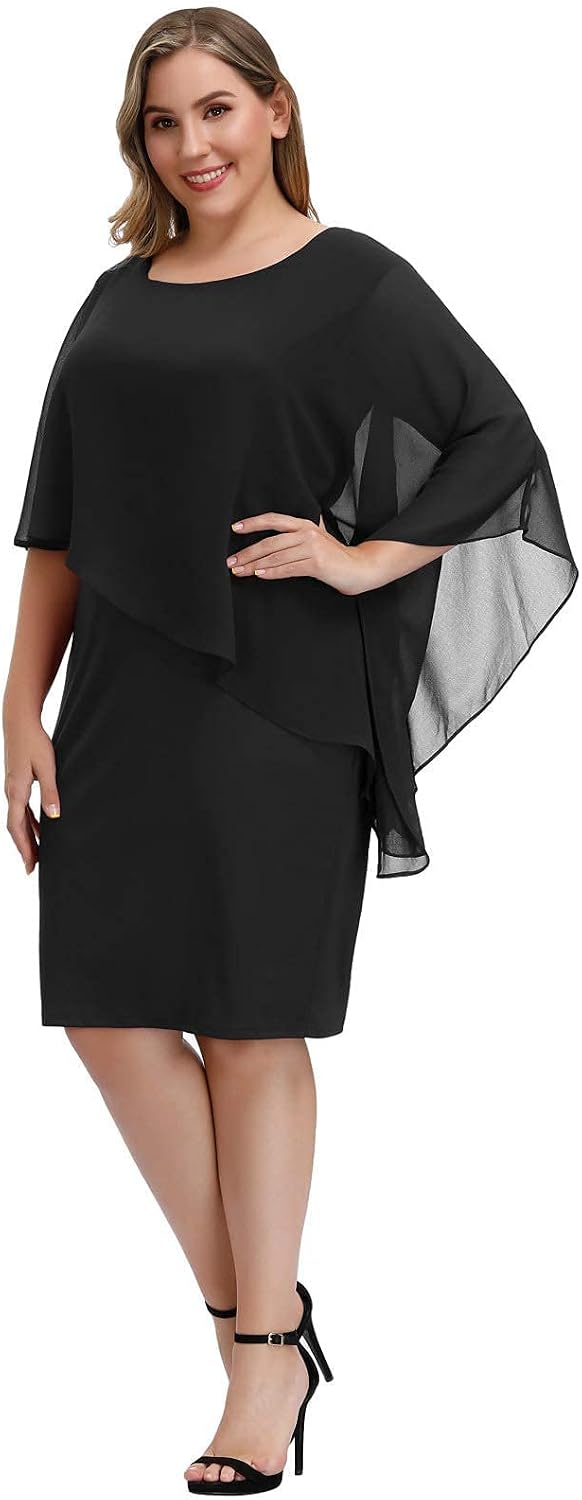 Thumbnail 3 de Hanna Nikole cocktailjurk in grote maten met chiffoncape en asymmetrische zoom