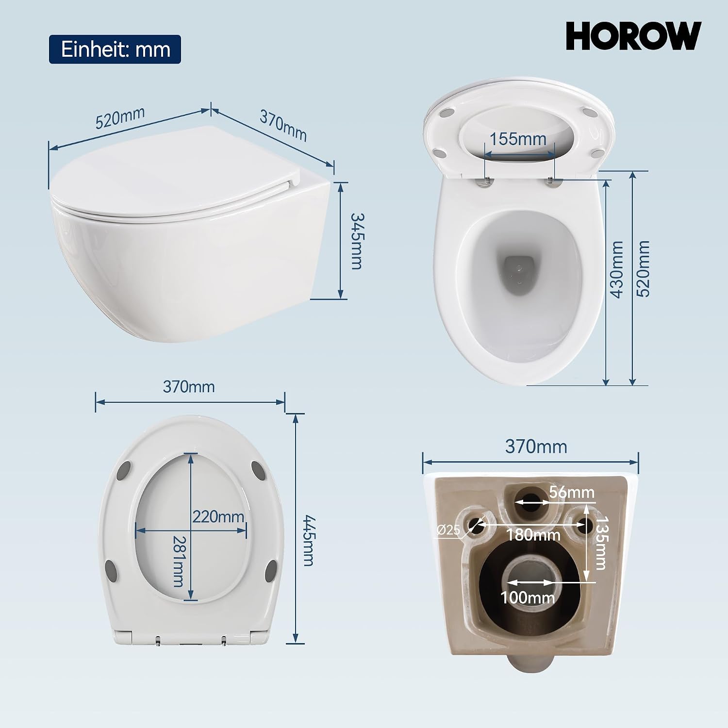 Thumbnail 4 de HOROW Wand-WC D‑Form 52 cm, abnehmbarer Sitz und Absenkung 🚽
