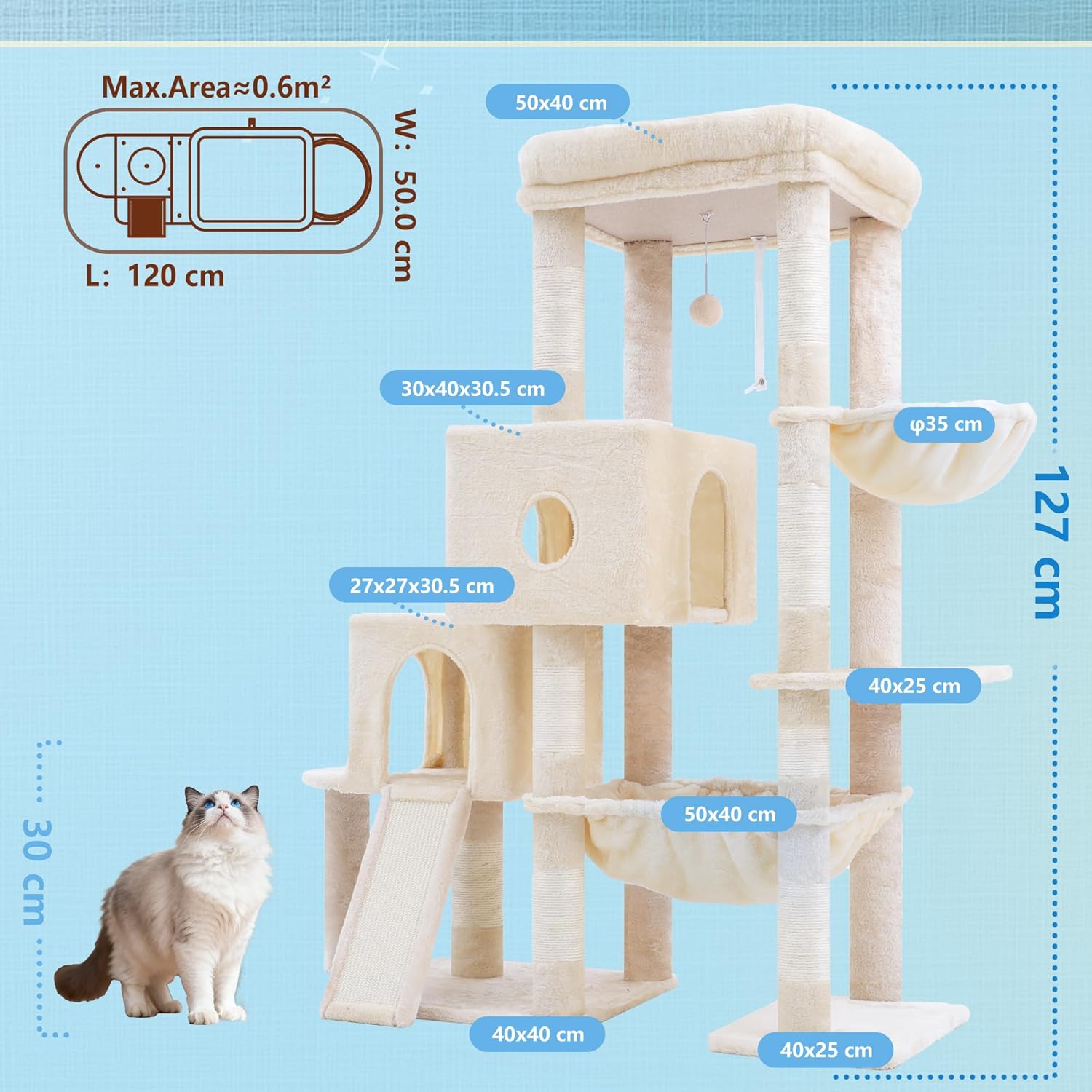 Thumbnail 1 de Hey-brother Kratzbaum mit Plattformen & Treppenstruktur, 127 cm – 2 Höhlen, große Hängematte, Sisal