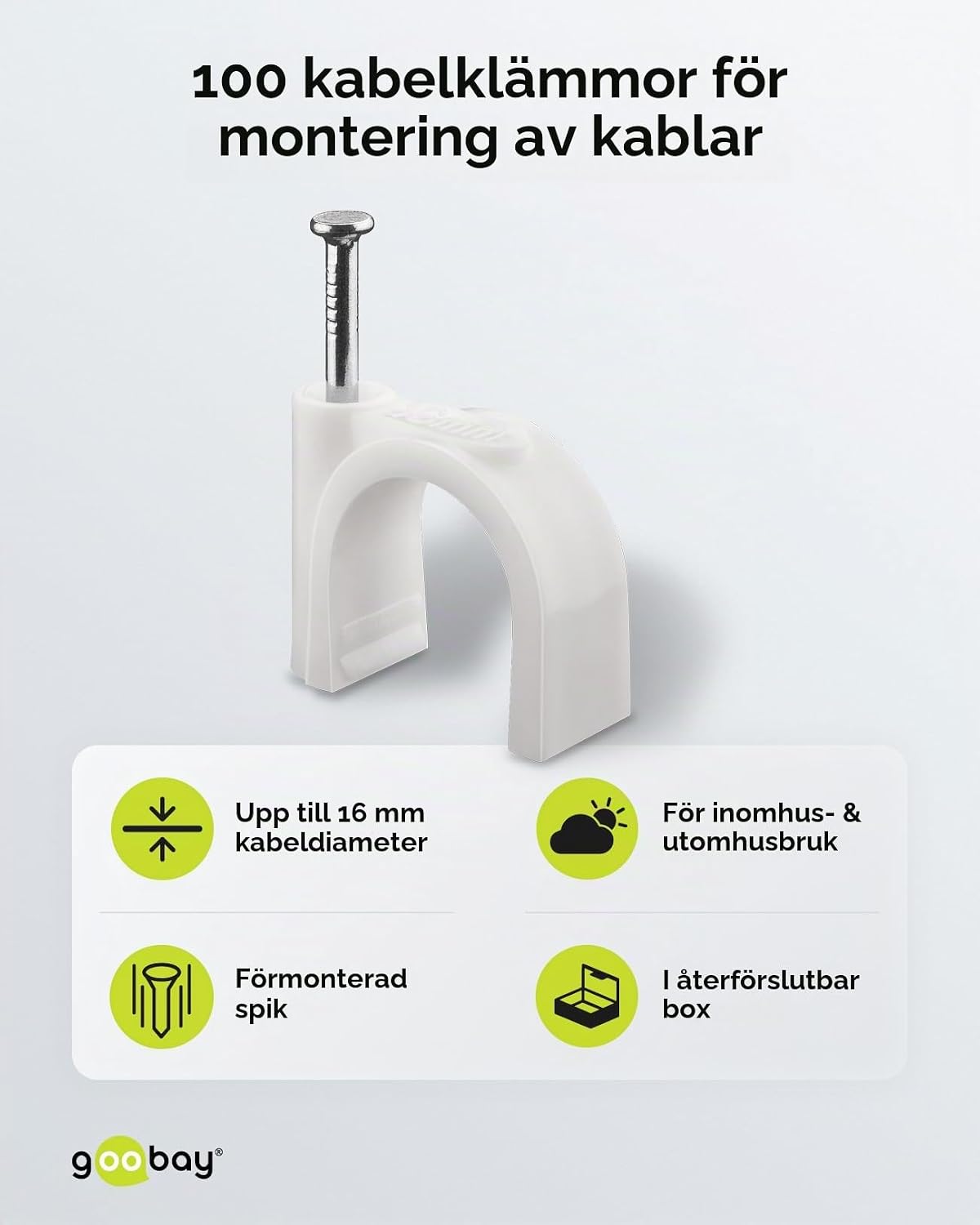 Detalle de Goobay 17085 kabelklämmor, vita, 100-pack för kablar upp till 16 mm