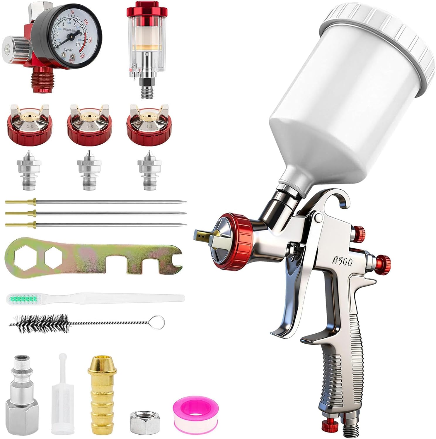 Detalle de BENTOHKLE R500 LVLP Air Spray Gun Kit with 3 Nozzles and 600cc Cup
