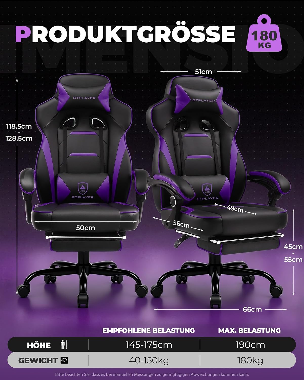 Thumbnail 2 de GTPLAYER Gaming Stuhl mit Fußstütze – Ergonomischer 180 kg Schwerlast-Gaming-Sessel mit Lendenwirbelstütze, Kopfstütze und verstellbarer Fußstütze
