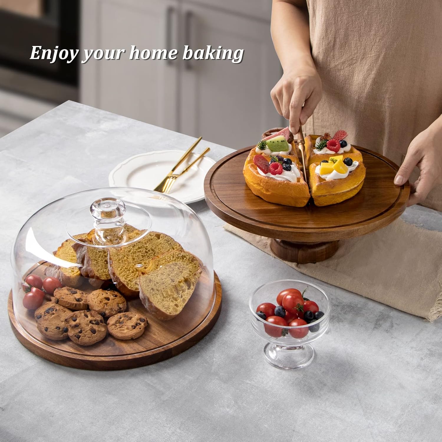 Thumbnail 6 de ANBOXIT Cake Stand with Dome Lid (Acacia Wood & Acrylic Cover)
