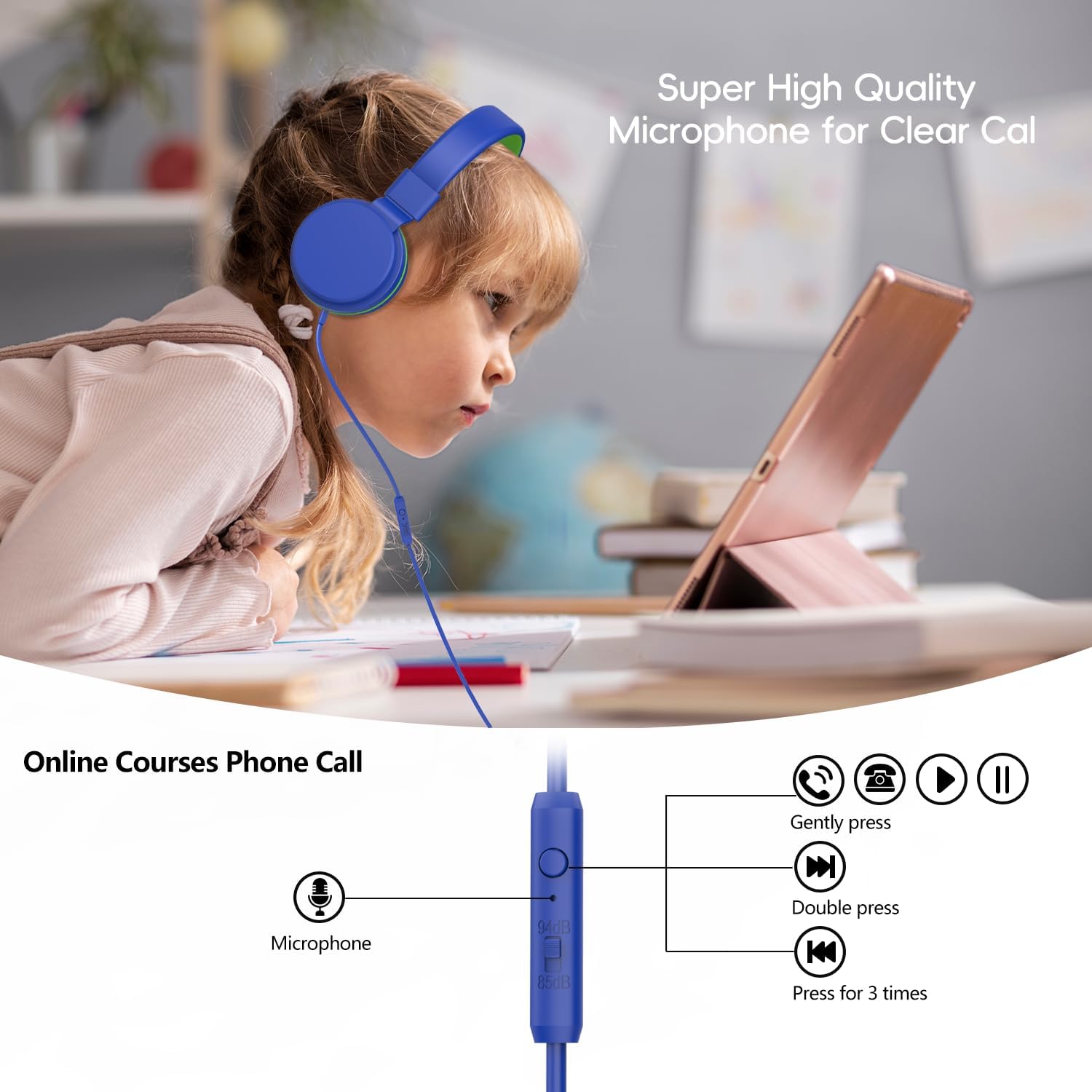 Thumbnail 3 de Kids Headphones Wired: On-Ear, Safe Volume 85/94dB, Foldable with HD Mic for School and Travel (Blue)