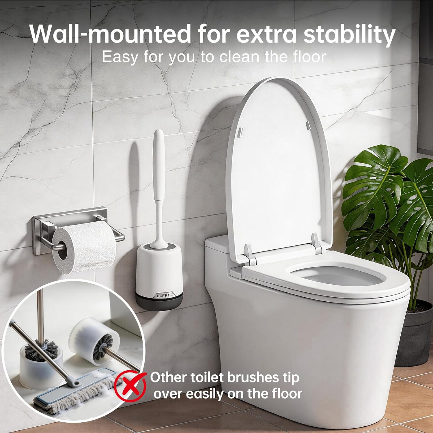 Detalle de Lefree 2-Pack Silicone Toilet Brush with Ventilated Holder — Floor Standing or Wall Mountable