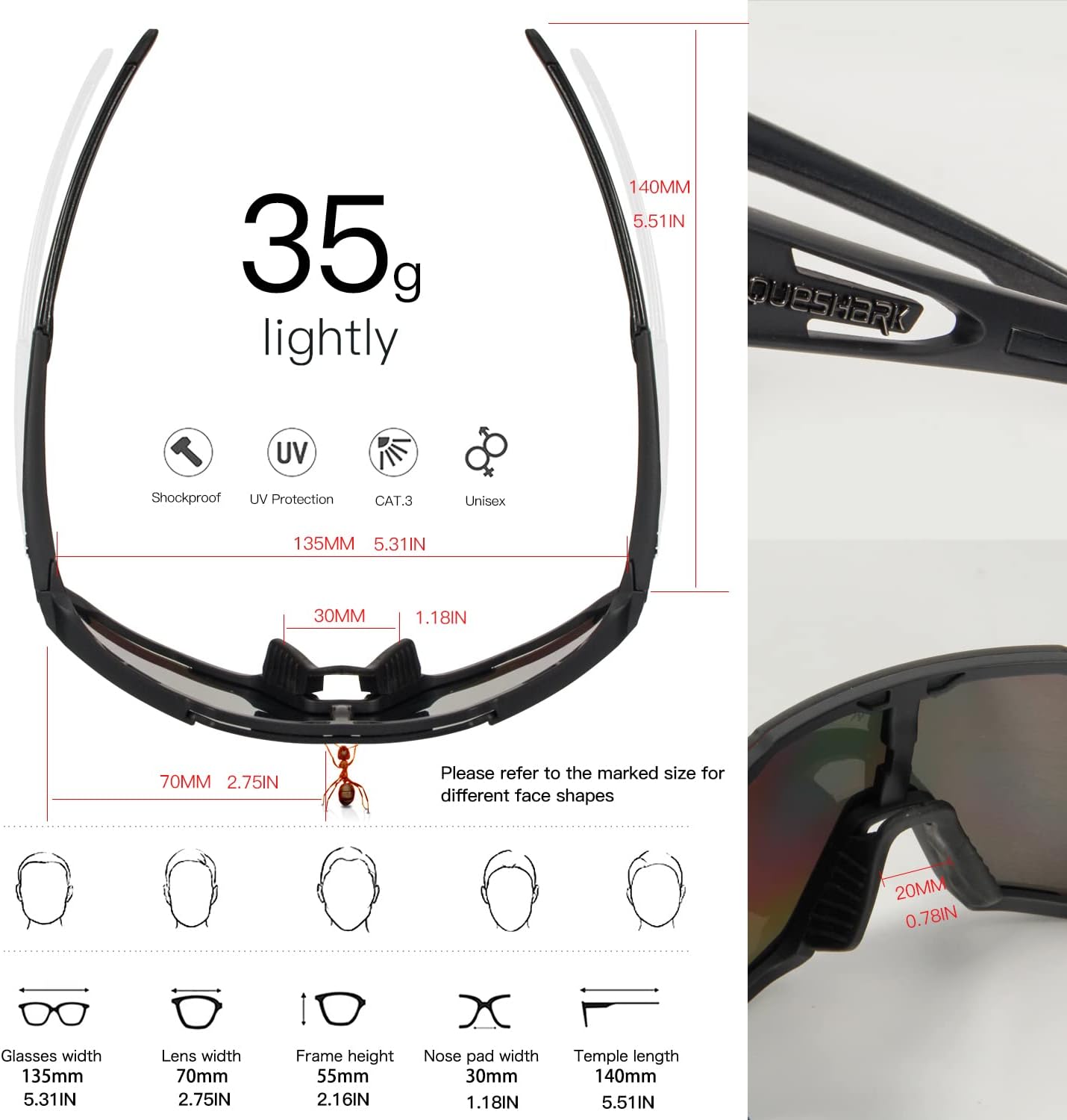 Thumbnail 3 de Queshark Occhiali da Ciclismo Polarizzati con Lenti Intercambiabili TR90 – Unisex