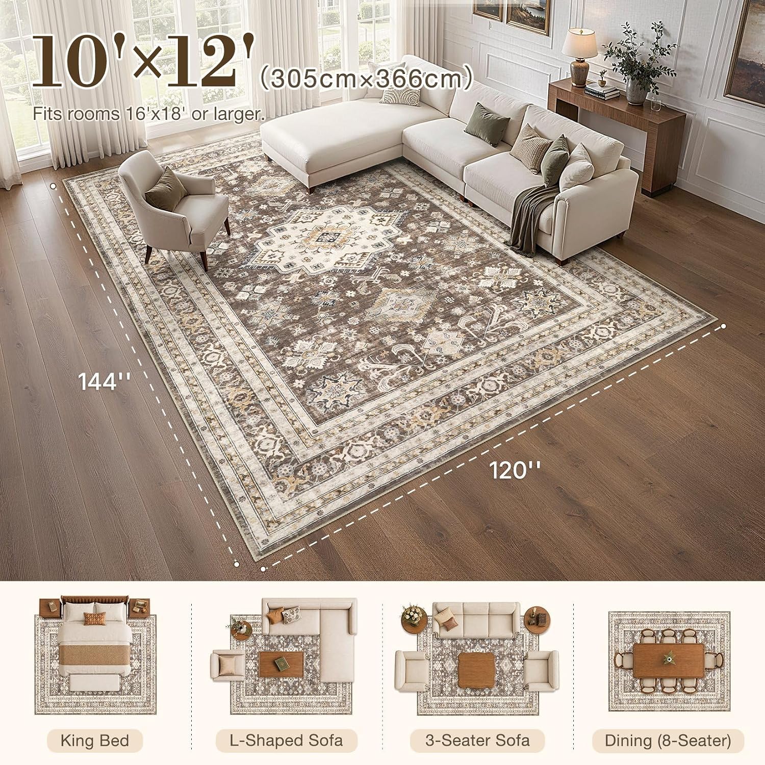 Thumbnail 1 de Vintage Living Room Area Rug 10x12 – Large Soft Washable Oriental Traditional Distressed Farmhouse Rug (Dark Brown)