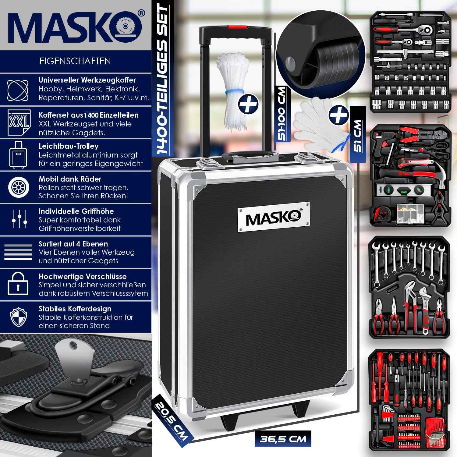 Thumbnail 1 de MASKO Werkzeugkoffer 1.400-teilig im Aluminiumkoffer mit Rollen (Trolley-Funktion)