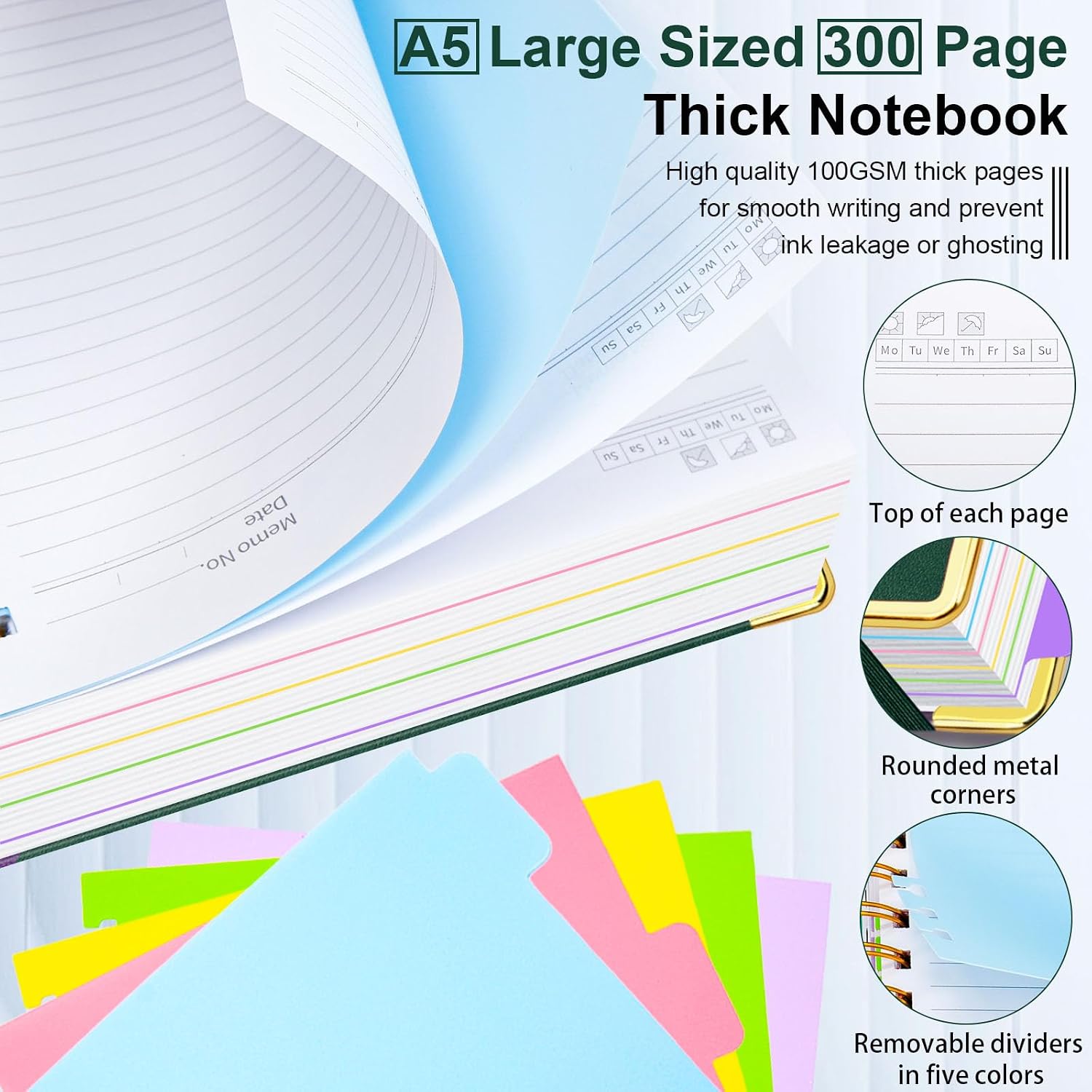 Detalle 2 de GDGDSY College Ruled Spiral Notebook, 300 Pages, 6.2 x 8.2 in, Green