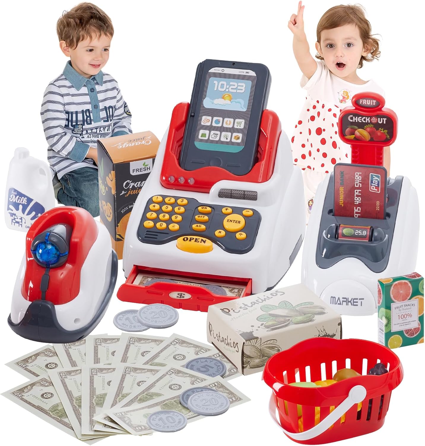 Qivange kids toy cash register set with scanner, music & play money (age 3+)