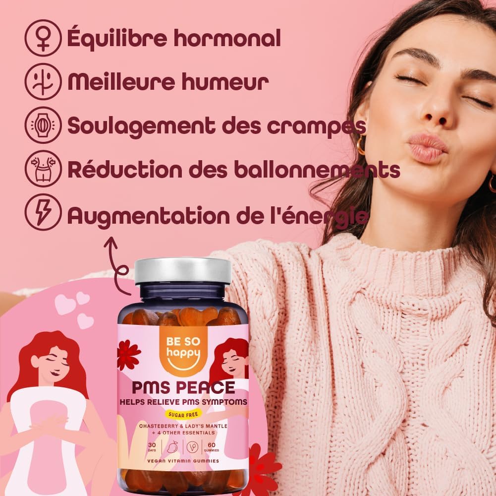Detalle 2 de Supplément sans sucre PMS PEACE BeSoHappy® – 60 bonbons végétaliens, sas sucre