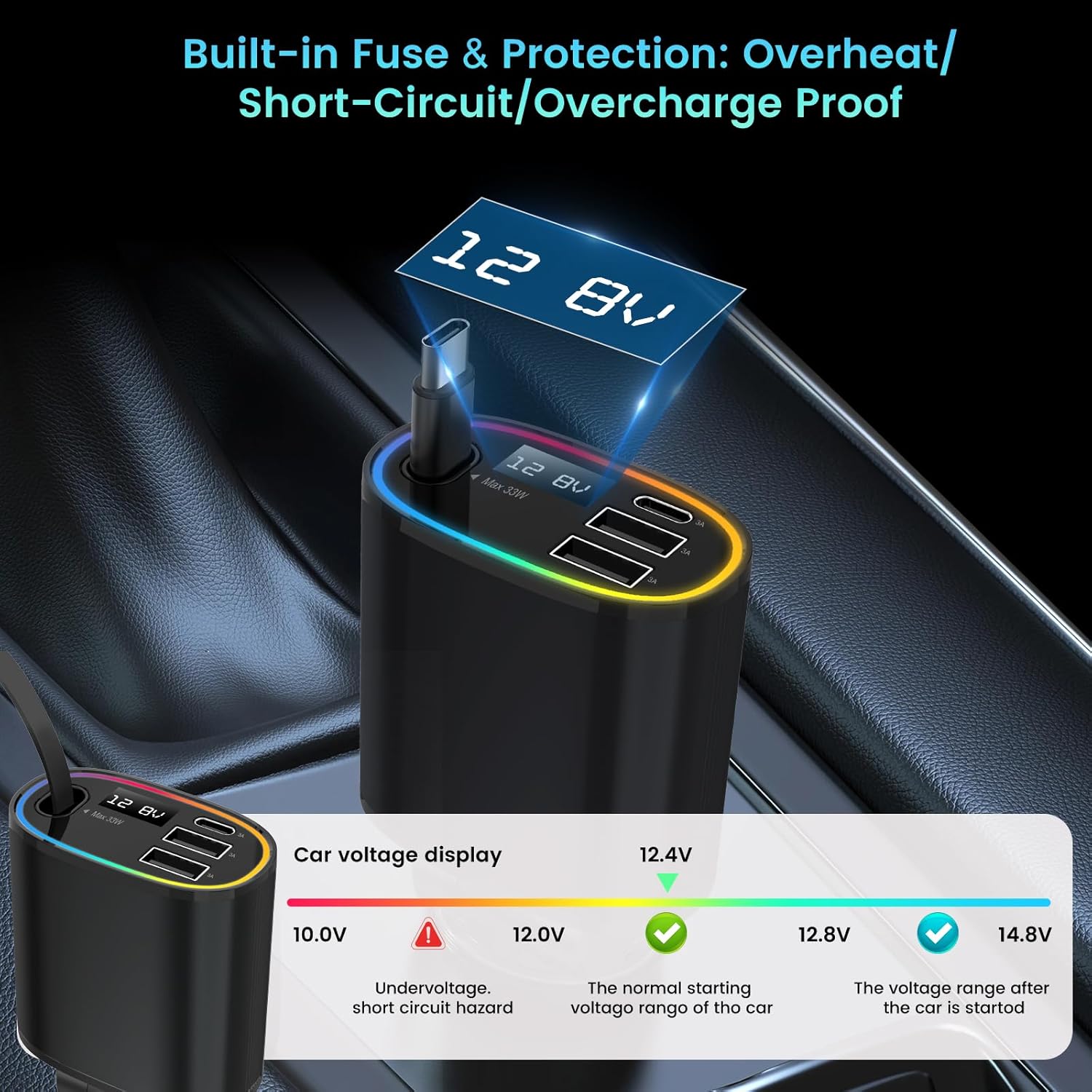 Detalle de Retractable 78W Car Charger (4-in-1) with PD 3.0, Retractable Type‑C Cable and RGB Light