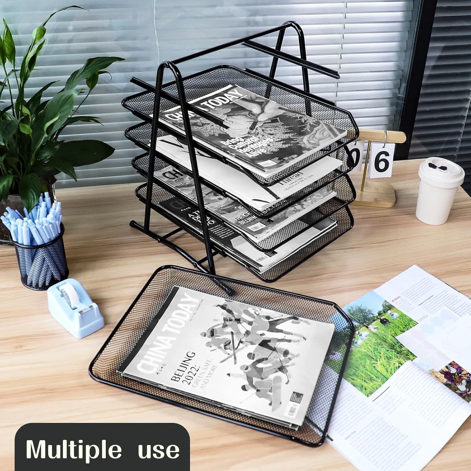 Detalle de HIHOBDAY 5-Tier Sliding Paper Organiser (Mesh Letter Tray) for A4 Desk Storage