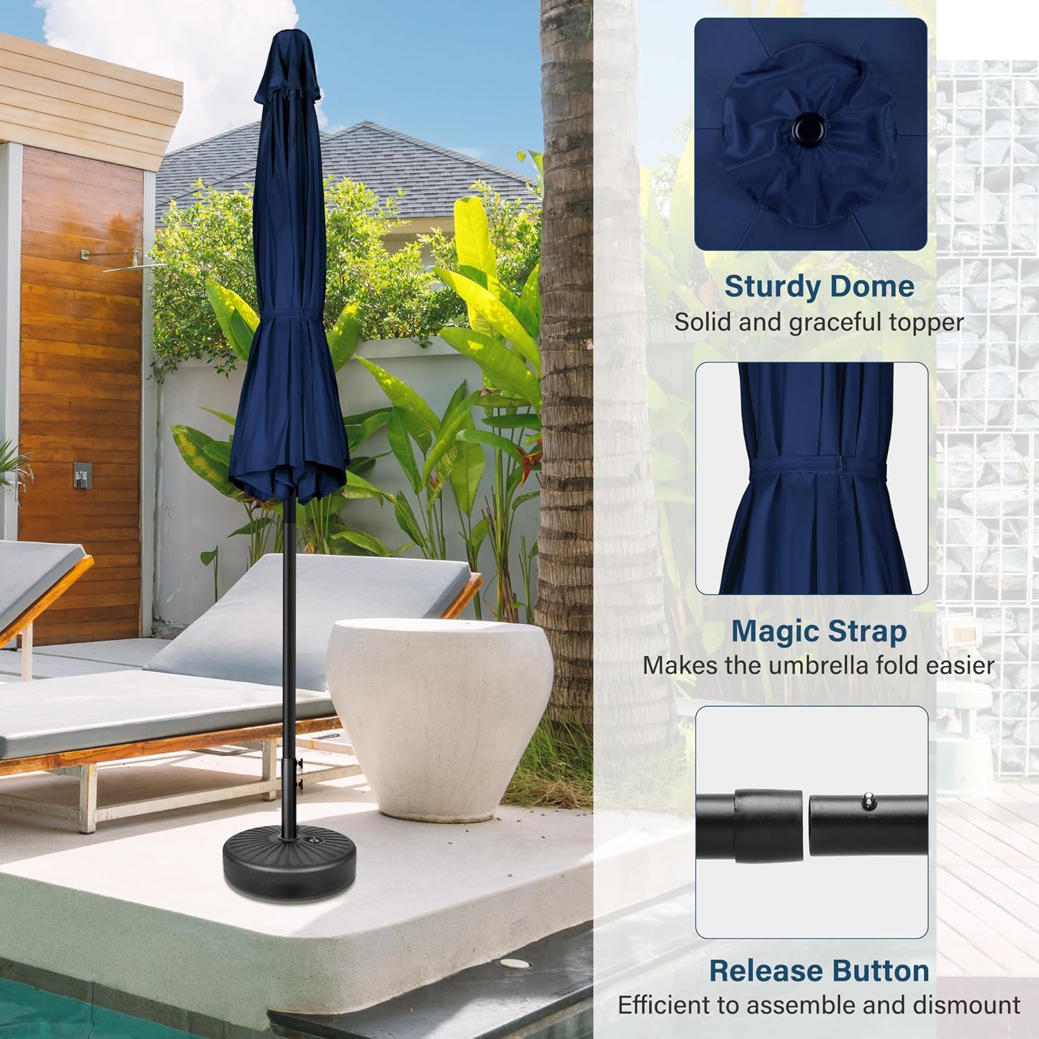 Detalle de Simple Deluxe 2.28M Patio Umbrella: Durable 6-Rib Outdoor Market Table Shade with Push Button Tilt/Crank in Dark Blue