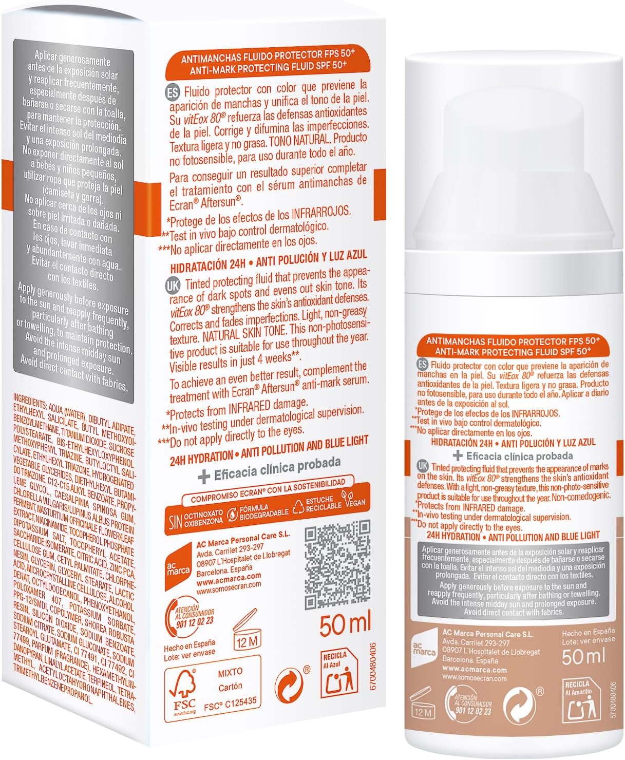 Detalle de ECRAN SUNNIQUE – Protector Facial SPF 50+ con color y tratamiento antimanchas (50 ml)