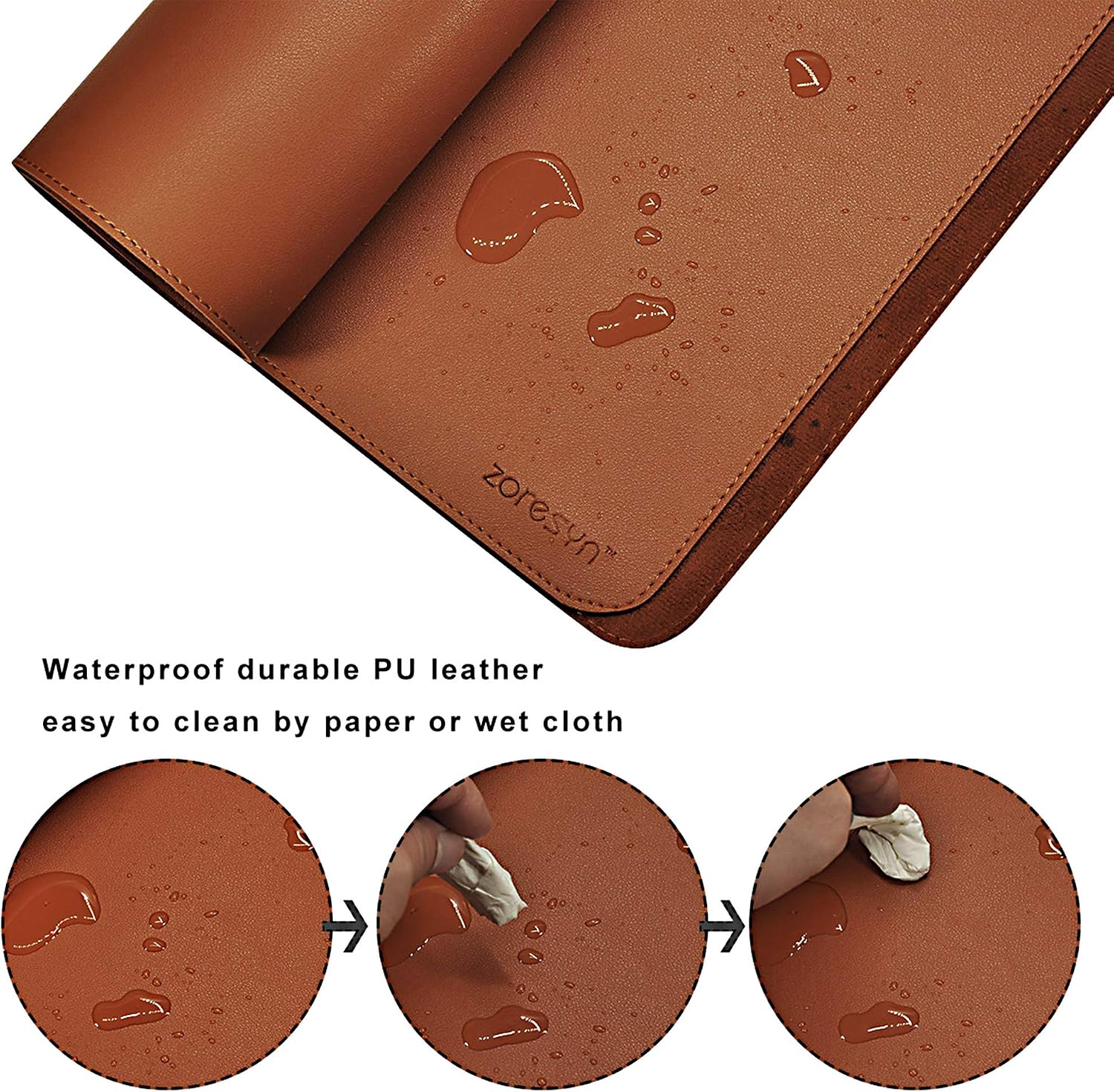 Detalle de ZORESYN XXL Büromatte aus PU-Leder 120x40 cm Braun – rutschhemmend, wasserdicht, Tischschutz mit Premiumkanten