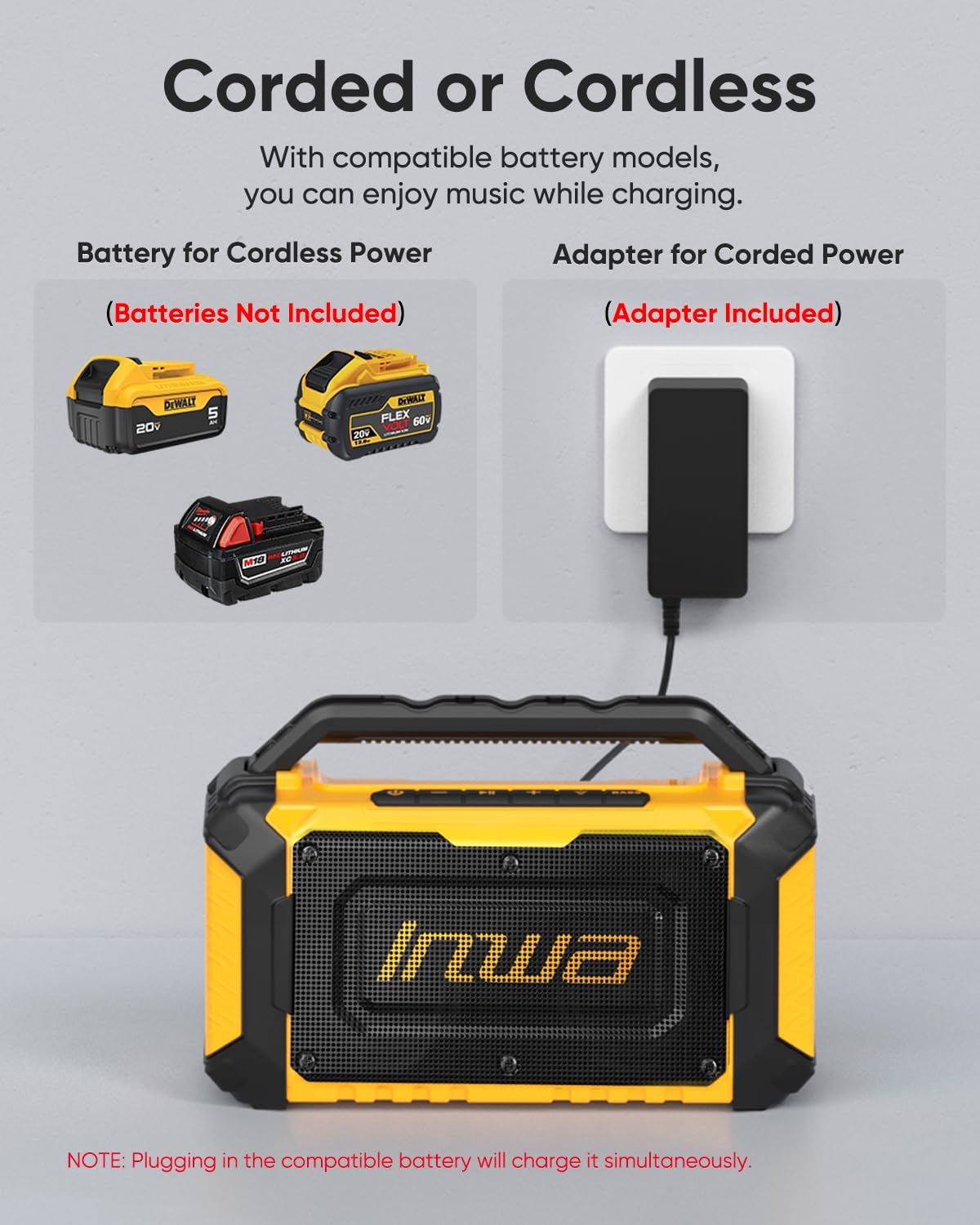 Detalle de Inwa Jobsite Bluetooth Speaker with 60W Power, RGB Lights, and Multi-Battery Compatibility