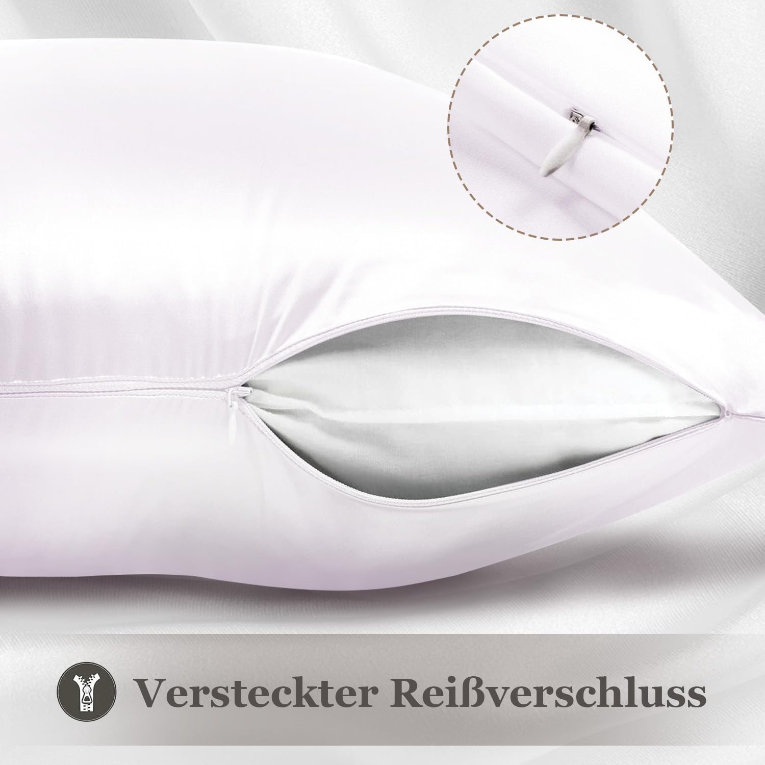 Detalle 2 de Adubor 100% Seidenkissenbezug 40x80 cm (23 Momme, Grade 8A) mit verstecktem YKK-Reißverschluss – reines Weiß, 1 Stück