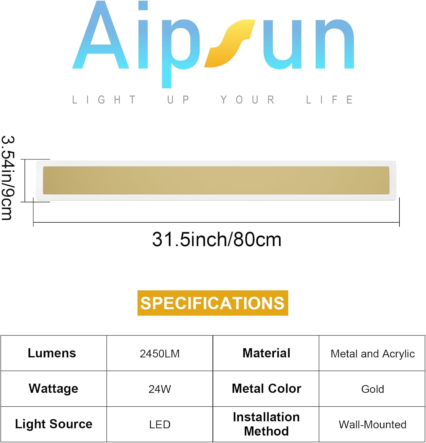 Detalle de Aipsun HW603 2-Pack Gold Outdoor LED Wall Sconces, 39.4-Inch, 3000K