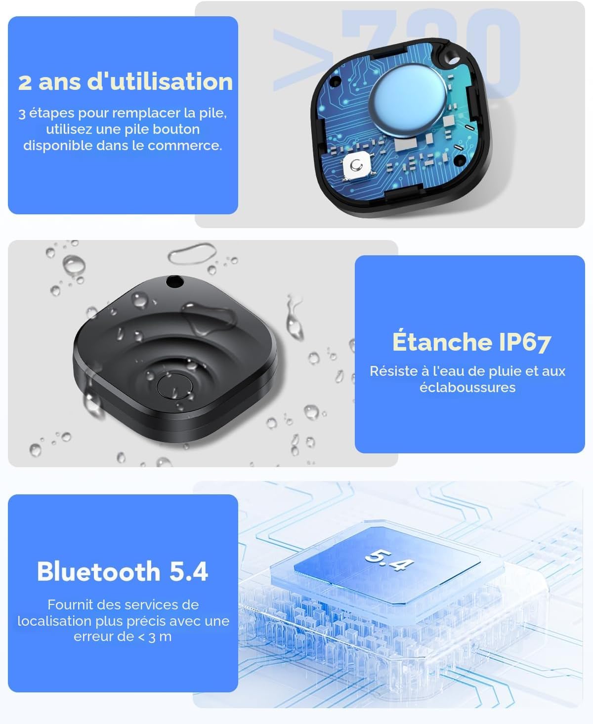 Detalle de Lot de 4 Traceur Tag Android & iOS – compatible Find My et Find Hub, batterie remplaçable