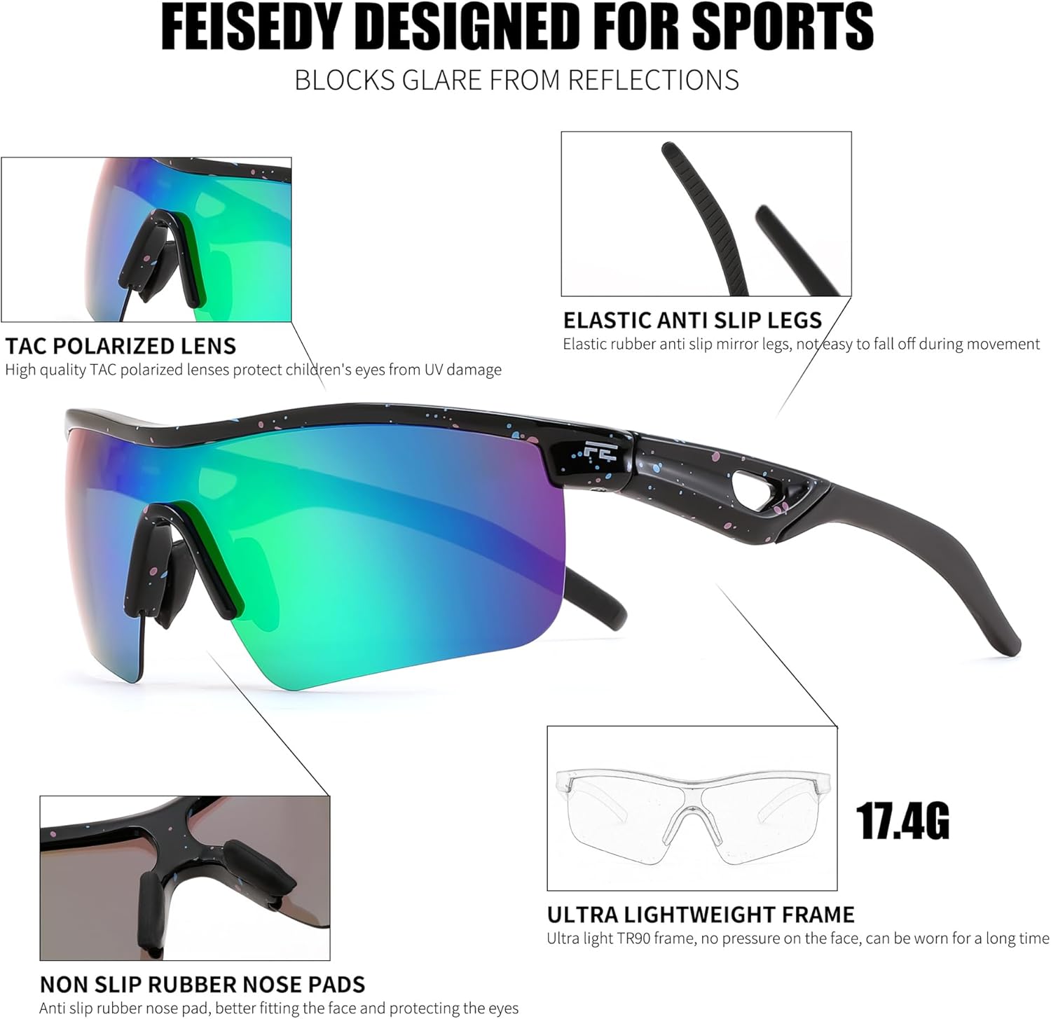 Thumbnail 4 de FEISEDY Kids Polarised Sunglasses TR90: Lightweight, Durable Sports Shades for 6–14s