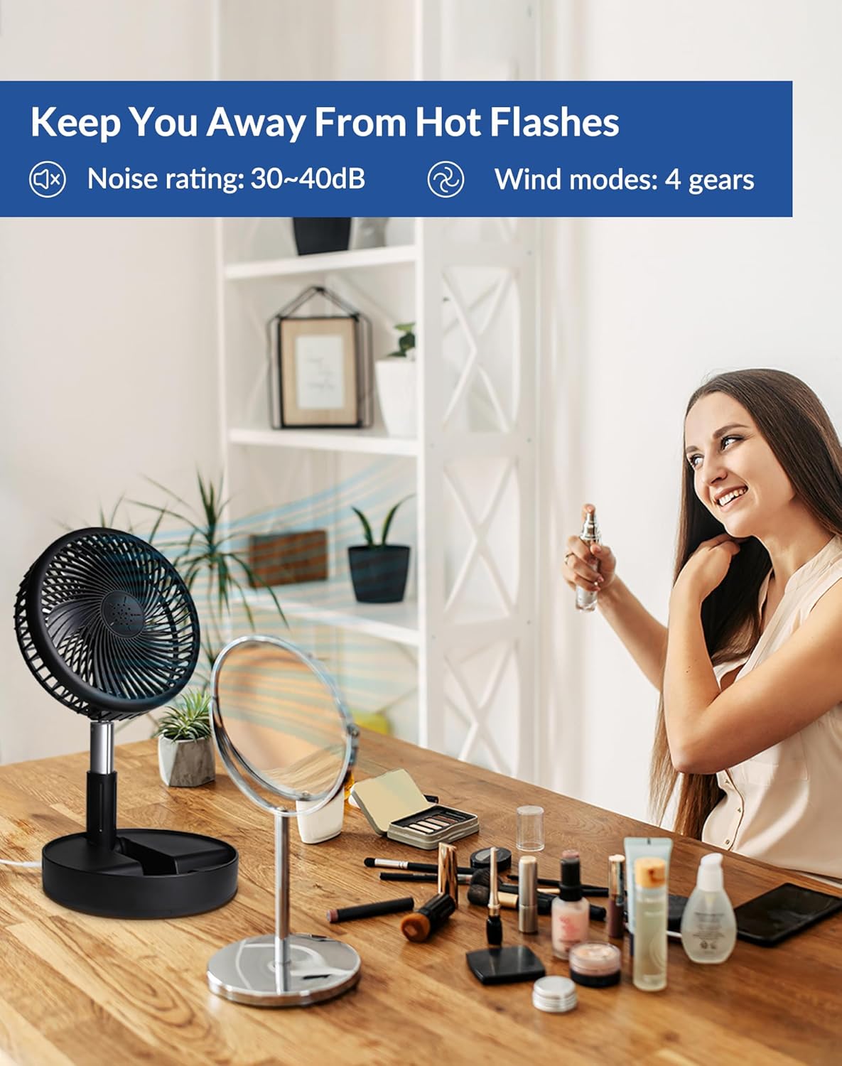 Detalle 2 de Primevolve Battery Operated Portable Fan (USB Rechargeable) with Adjustable Height, 4 Speeds