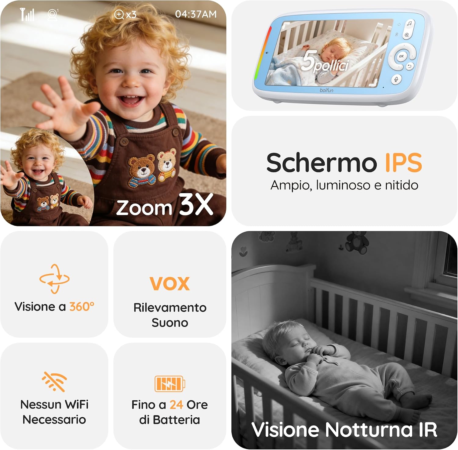 Detalle de Boifun Baby Monitor 5" con telecamera 360° e audio bidirezionale