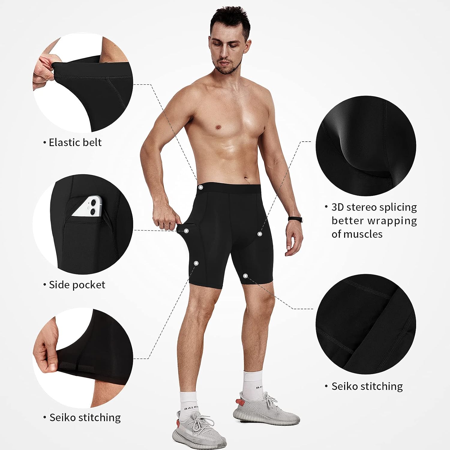 Detalle de Niksa 1- or 3-Pack Men's Compression Shorts: Base Layer Running Shorts with Cell Phone Pockets