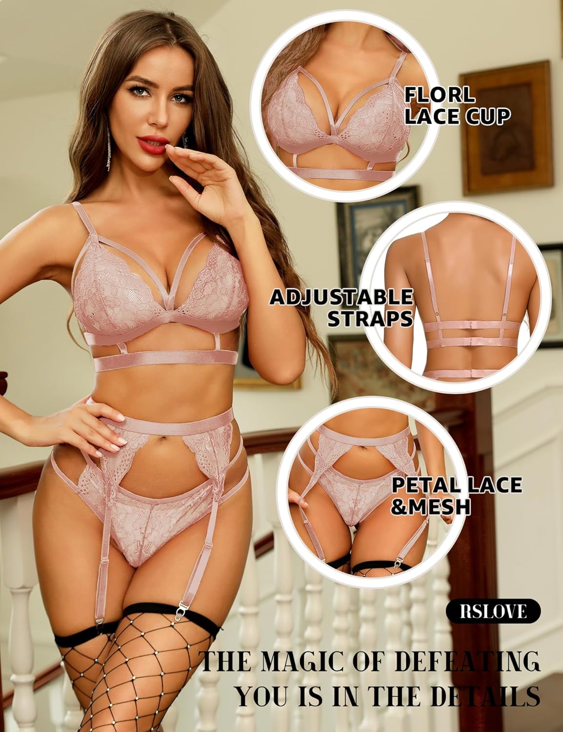 Thumbnail 2 de RSLOVE Ensemble Lingerie 3 Pièces en Dentelle avec Porte-Jarretelles – Soutien-gorge et Culotte