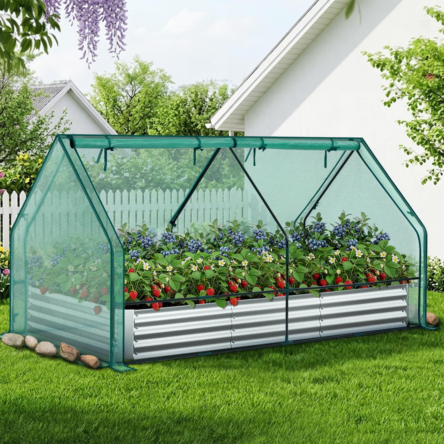 Detalle de Ohuhu GGH-20 Raised Garden Bed with Cover, Galvanized Steel, 8 × 4 × 1 ft