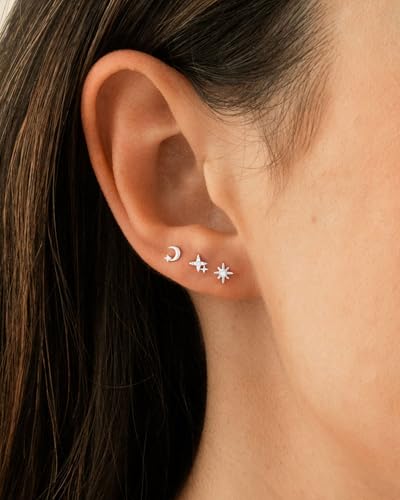 Detalle 2 de HANLI 3Pairs 925 Sterling Silver Star Moon Flat Back Earrings for Women Stud Set