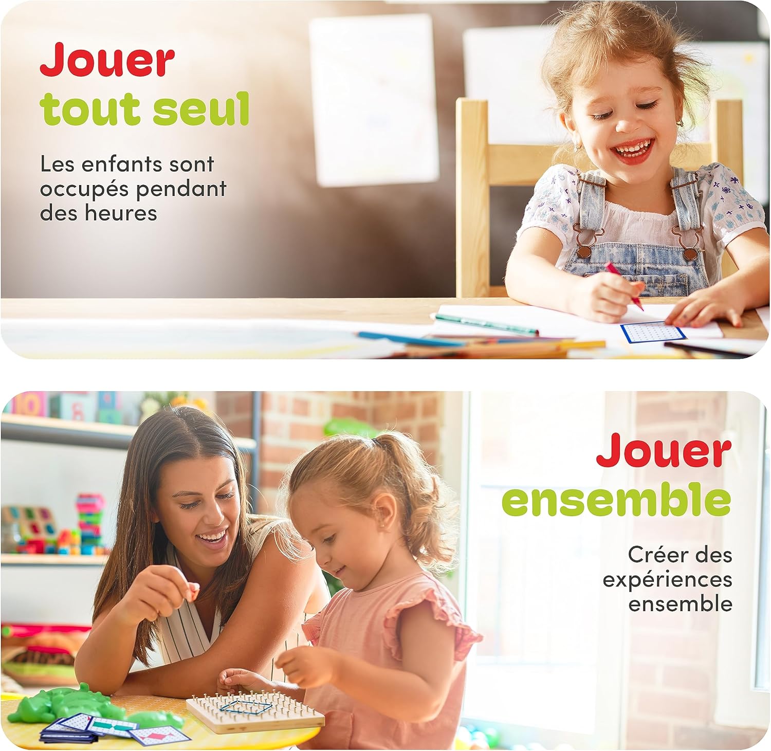 Detalle de CUBIDI Géoboard en Bois 8x8 avec 34 Cartes – Jeu Montessori sans écran