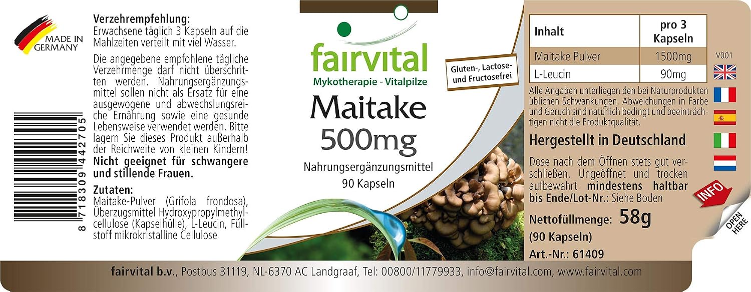 Detalle 2 de Fairvital Maitake 500 mg, 90 Kapseln – Hochdosiert, vegan, schluckfreundlich