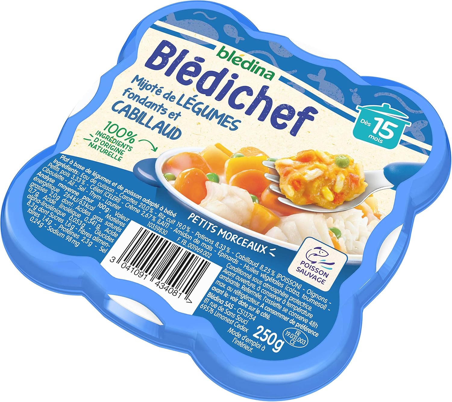 Detalle 2 de Blédichef Repas Bébé 15 Mois – 9 Plats Légumes Cabillaud, Morceaux Utlisés dans une Assiette Réutilisable