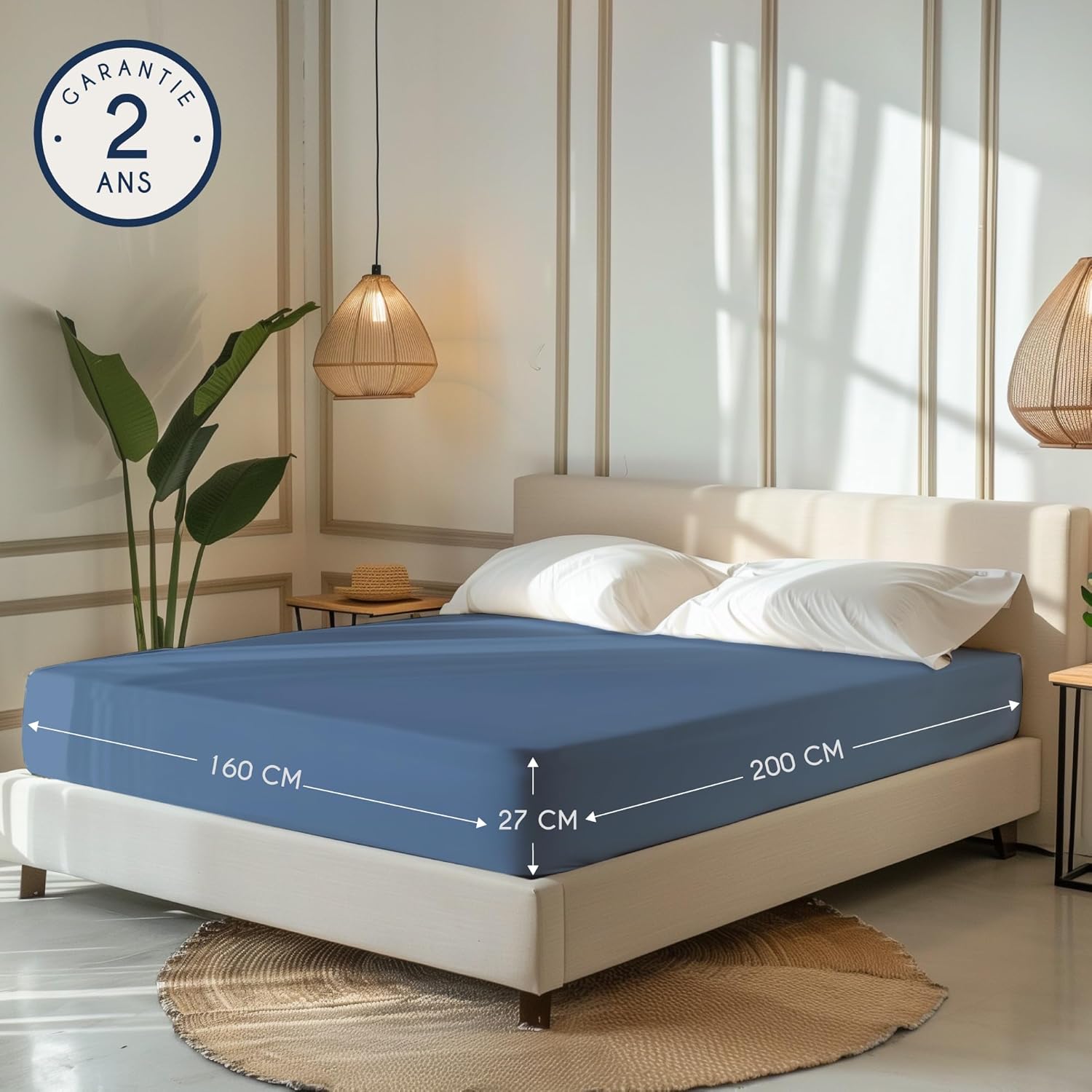 Thumbnail 1 de Dreamzie Drap Housse 160 x 200 Bleu – coton jersey certifié OEKO-TEX