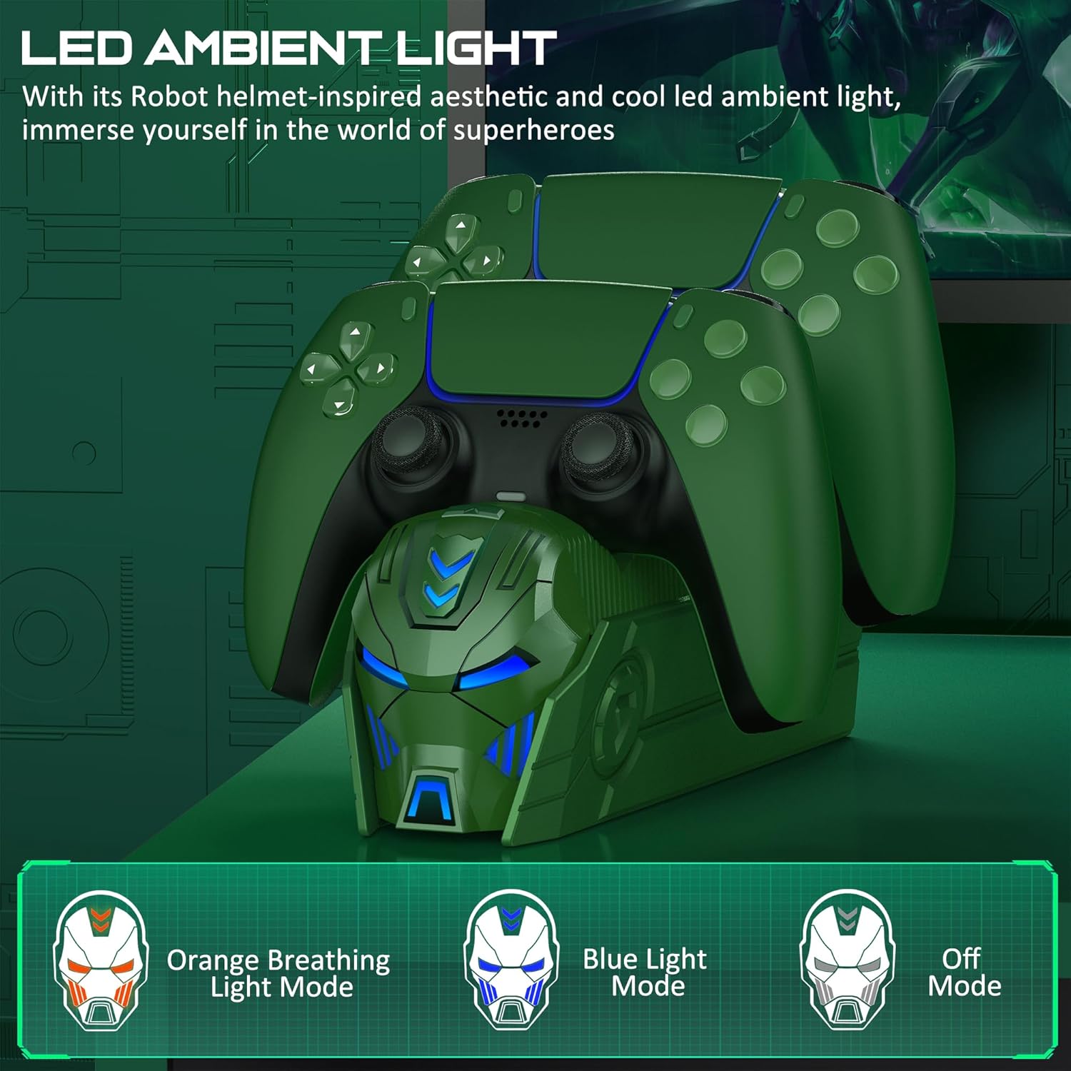 Thumbnail 3 de PS5 Controller Ladestation Zubehör mit Cooles Helm-/Masken-Design für 2-Controller-Laden (Grün)