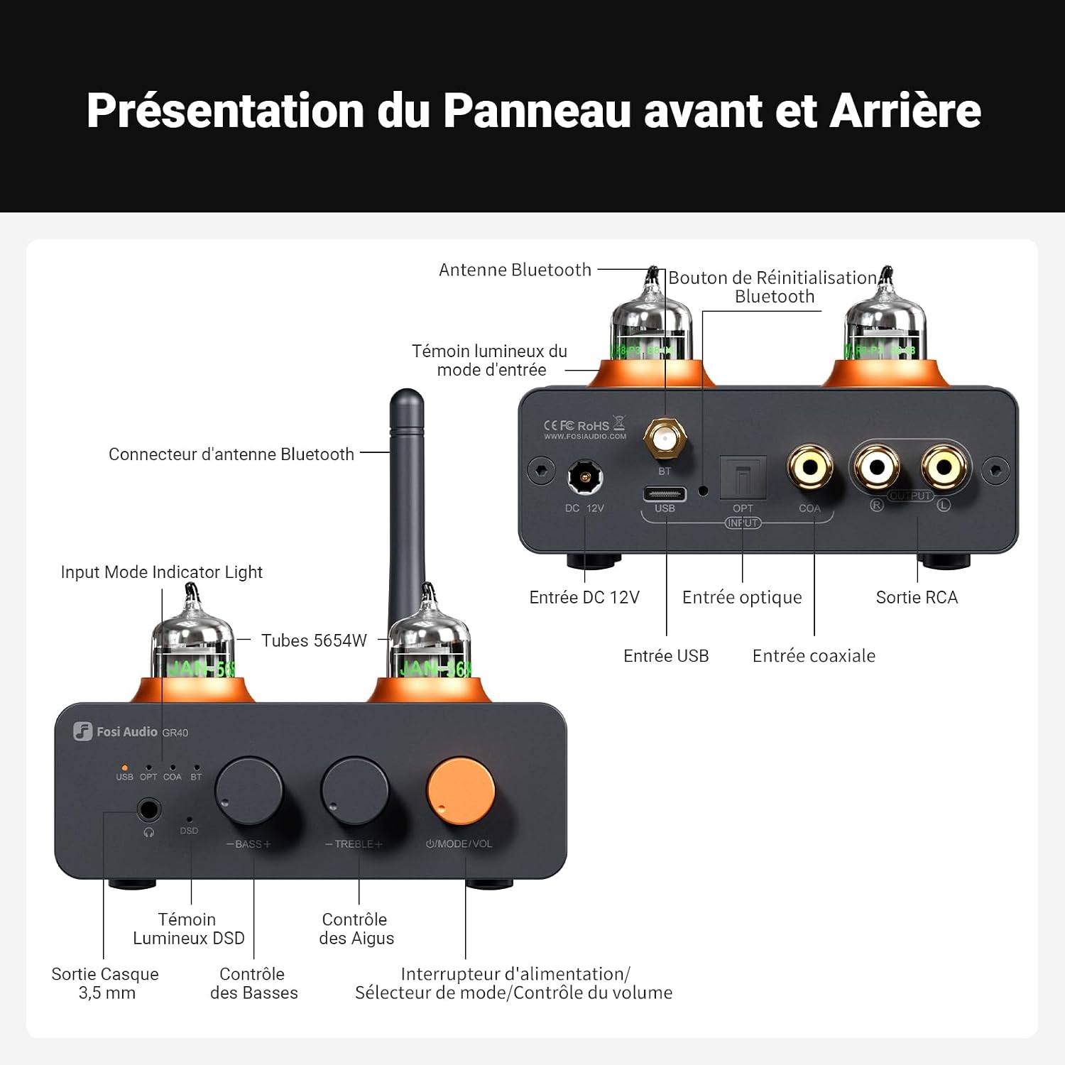 Detalle 2 de Fosi Audio GR40 préamplificateur DAC à tube avec Bluetooth, USB et sorties optique/coaxiale