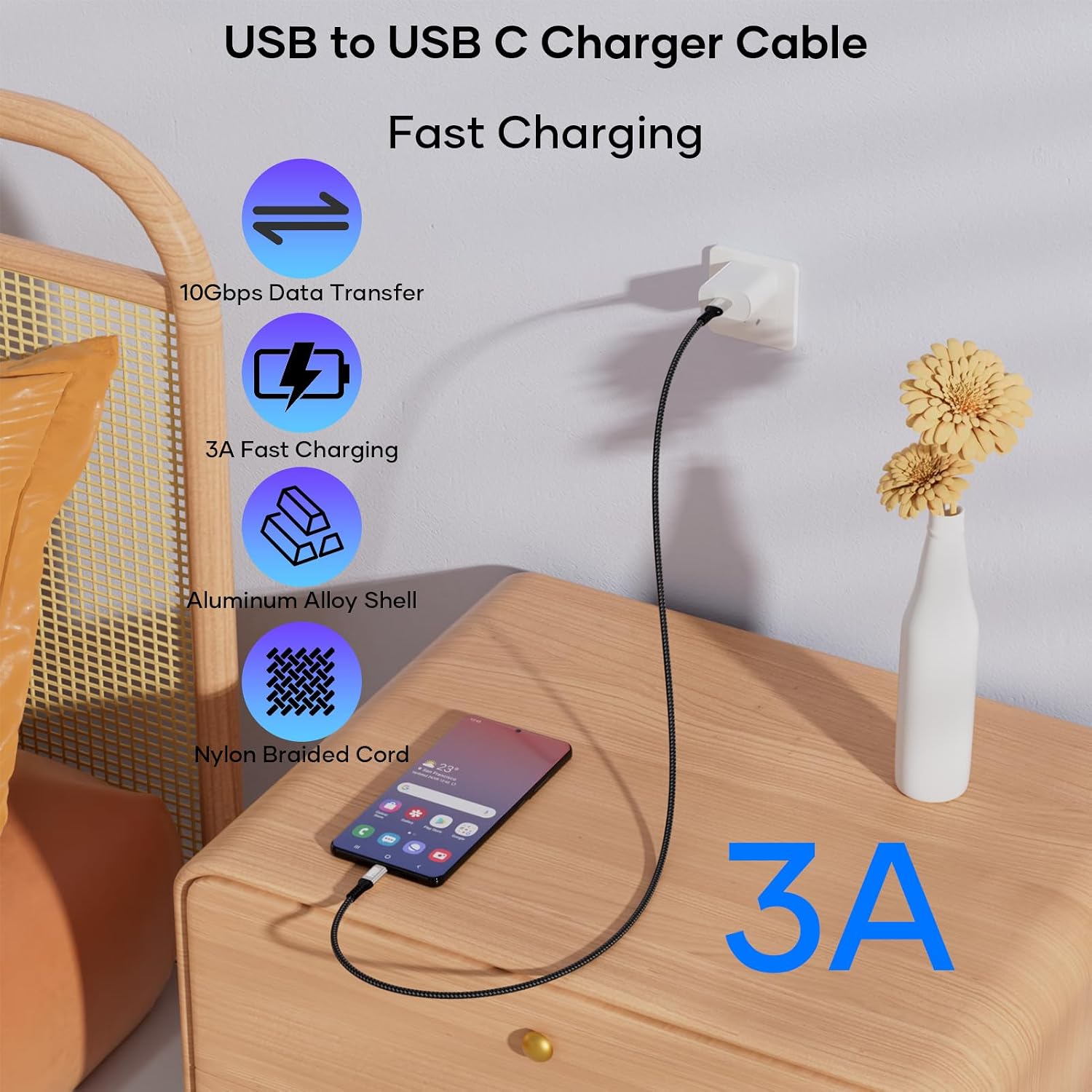 Detalle de lalasis USB-A to USB-C Cable, 0.5 m, 10 Gbit/s, 3A Charging