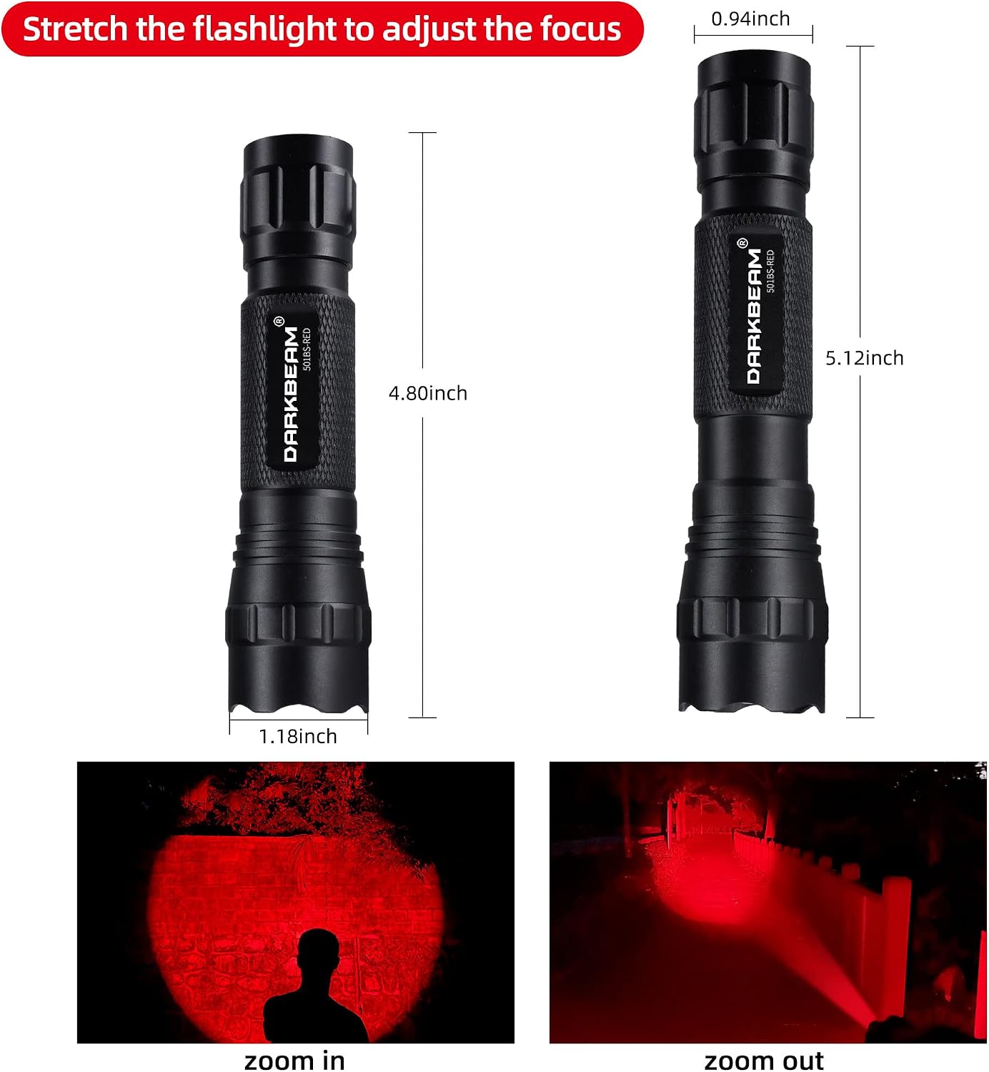 Thumbnail 3 de DARKBEAM 501B-S rode zaklamp met verstelbare focus, 500 lumen en USB-opladen