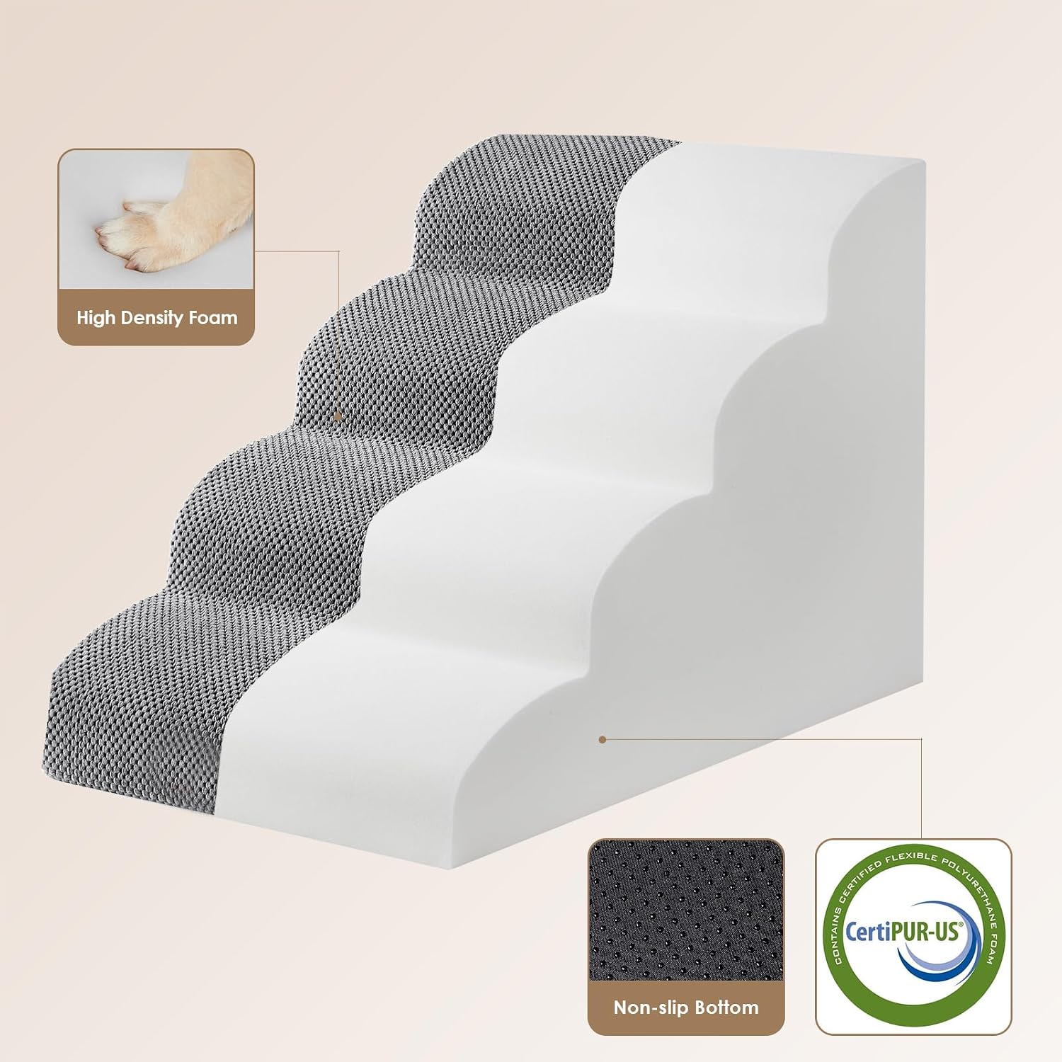Detalle 2 de EHEYCIGA Curved Dog Steps for Bed: 4-Step Foam Pet Stairs for Bed to Sofa