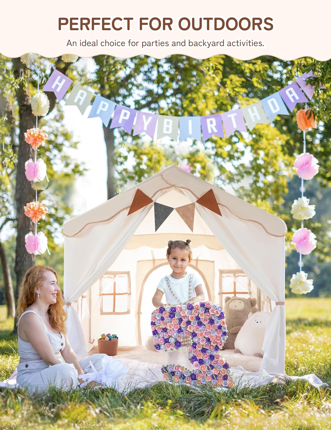 Detalle 2 de besrey 2-in-1 Kids Play House Tent with Lights and Pad – Indoor/Outdoor Castle for 3–4, Beige