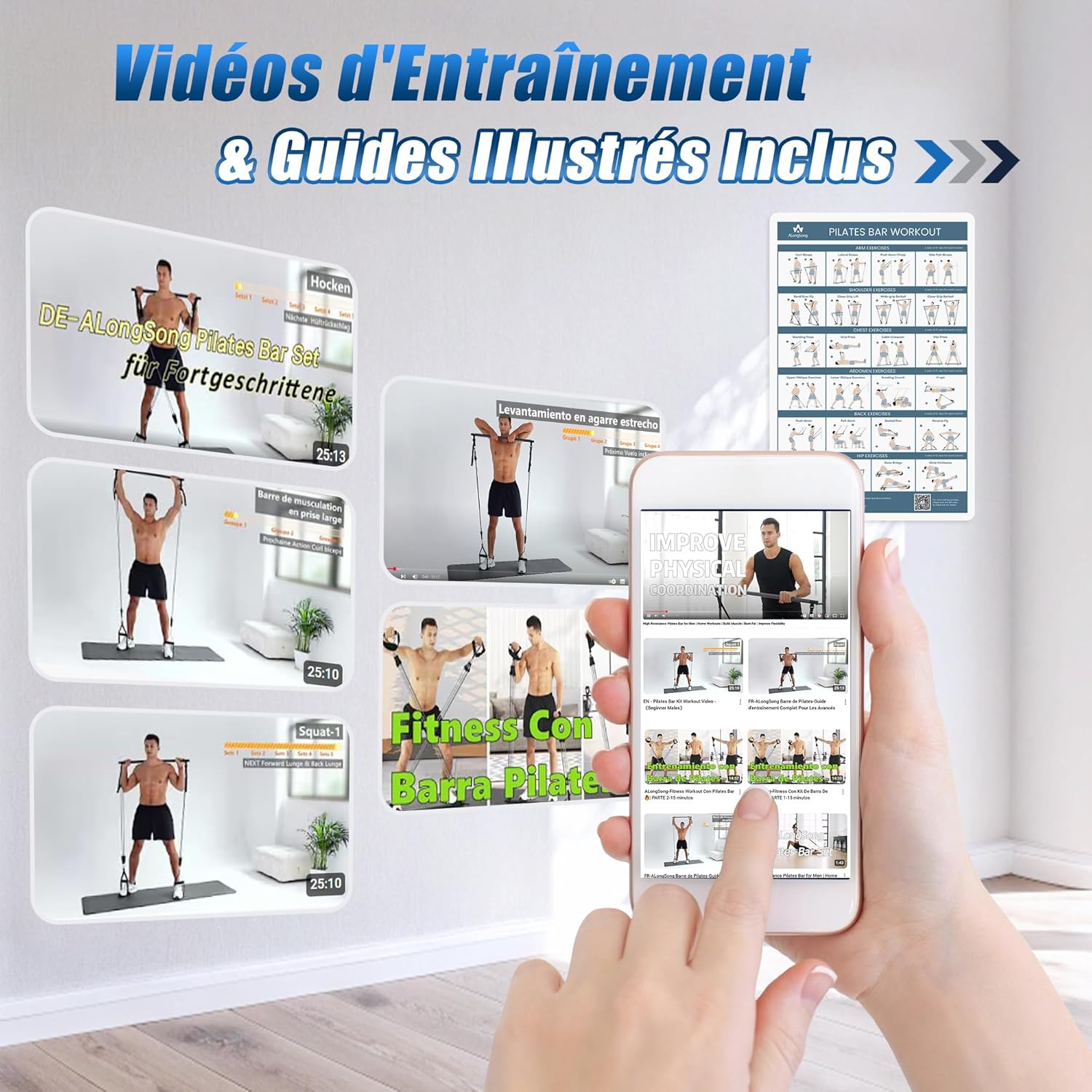 Thumbnail 3 de ALongSong Elastiques Musculation Sport Maison – Kit Barre de Pilates avec 6 Bandes de Résistance et Ancrage de Porte