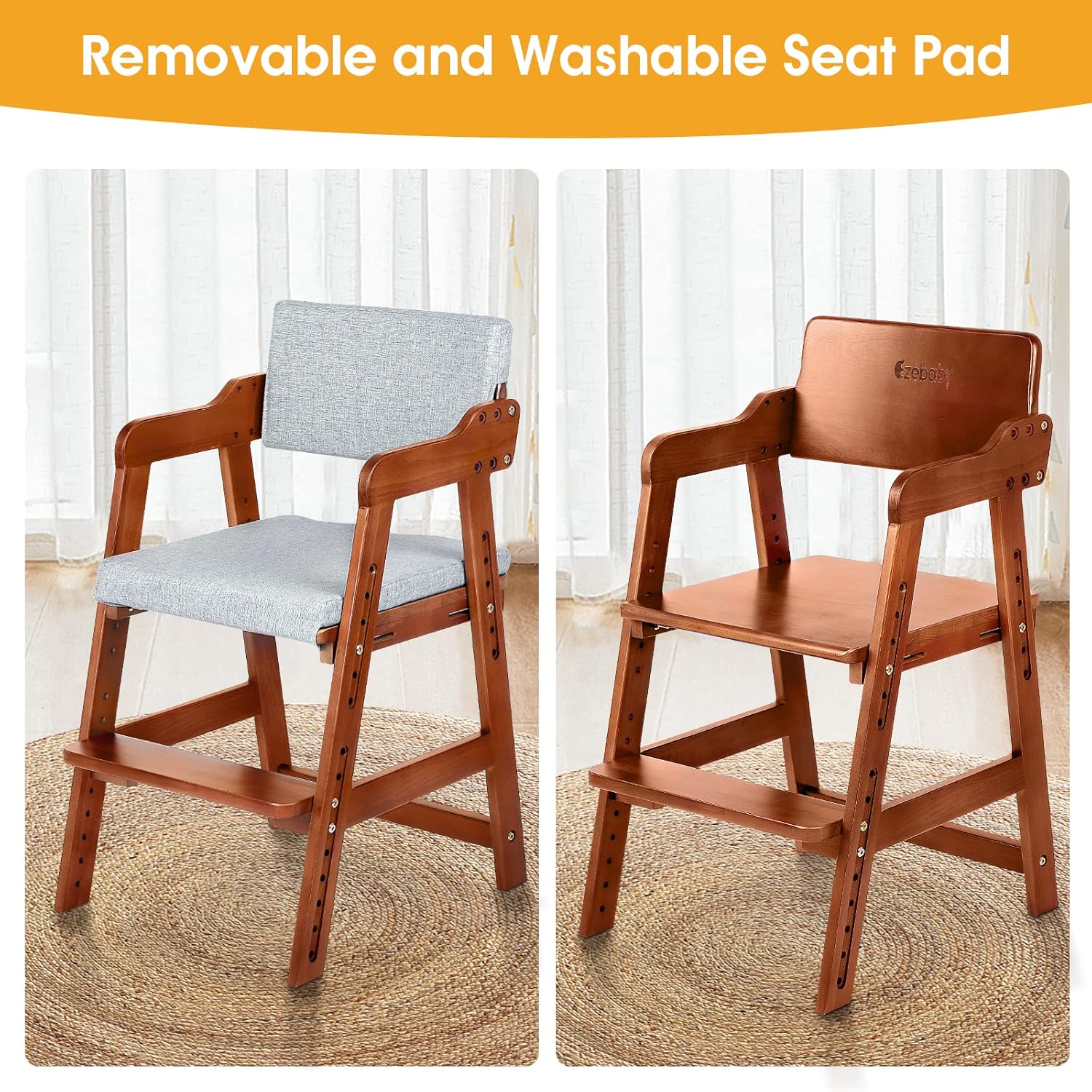 Thumbnail 4 de Ezebaby Chaise haute en bois de hêtre pour enfant (couleur Noyer) – 6 hauteurs, dossier 3 positions, jusqu’à 90 kg