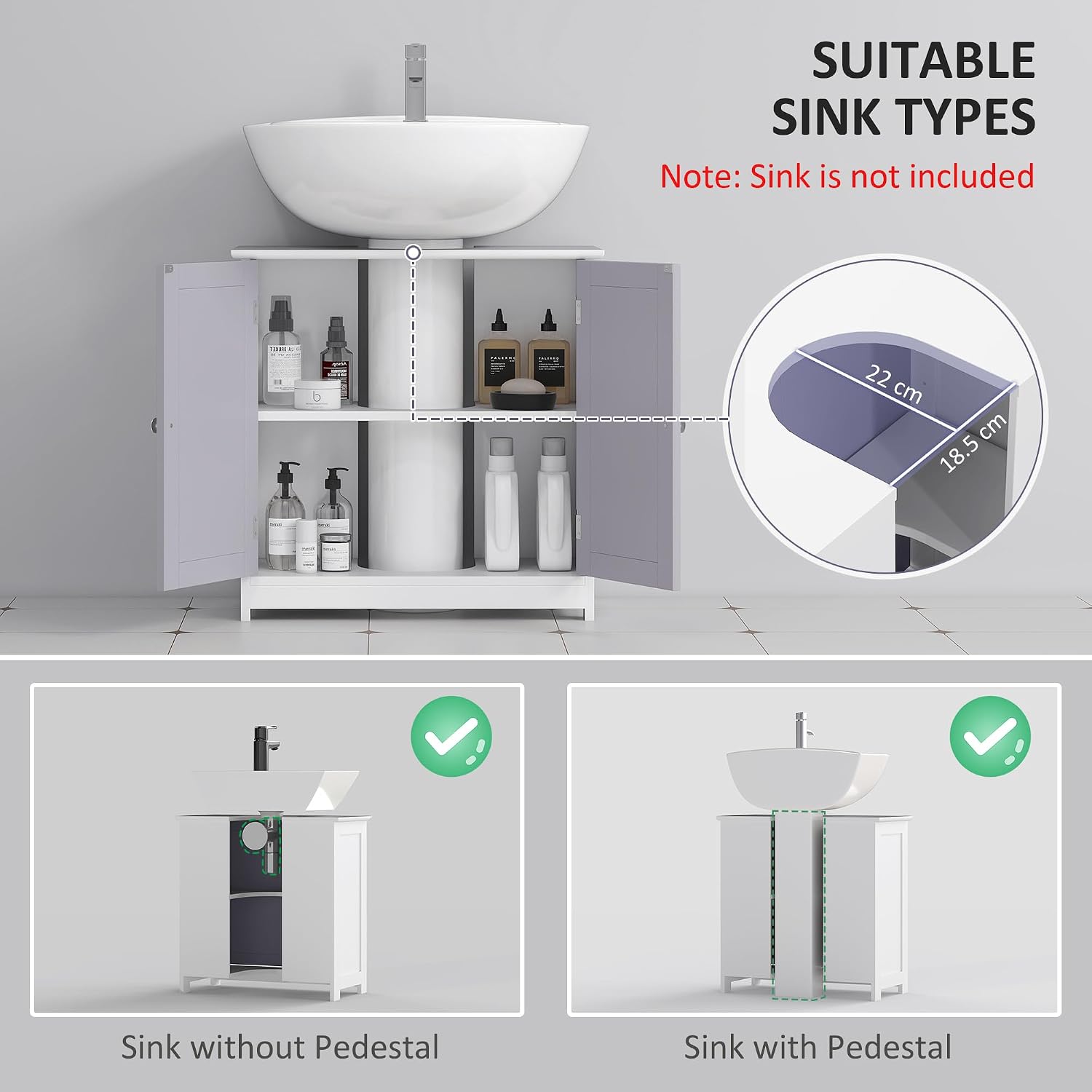 Thumbnail 3 de Meuble salle de bain sous lavabo kleankin (placard 2 portes avec étagère) en MDF gris & blanc